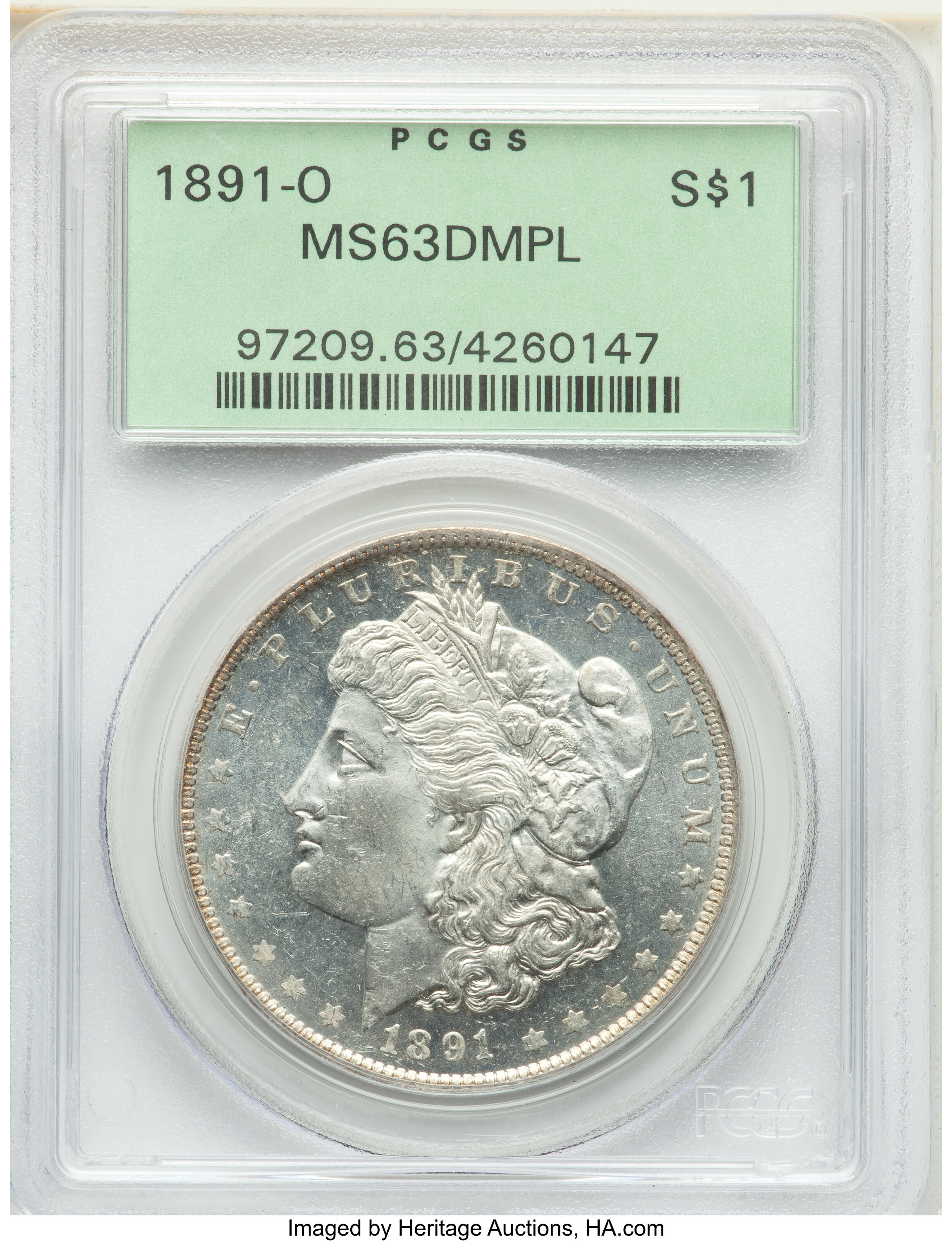 image for: 1891-O $1 MS63 Deep Mirror Prooflike PCGS. A thin band of gold toning at the rims frames brilliant mirrorlike fields and sm...