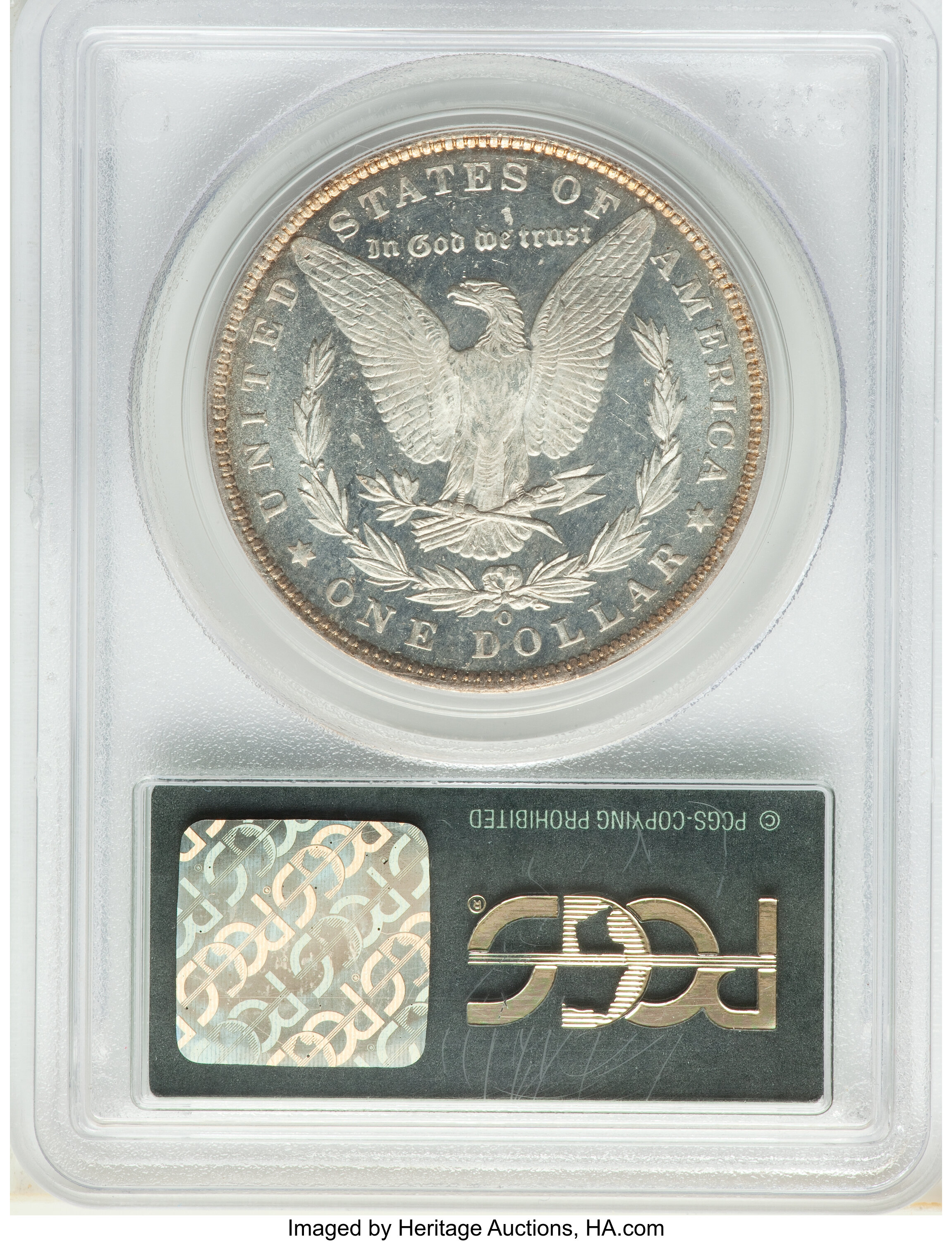 image for: 1891-O $1 MS63 Deep Mirror Prooflike PCGS. A thin band of gold toning at the rims frames brilliant mirrorlike fields and sm...