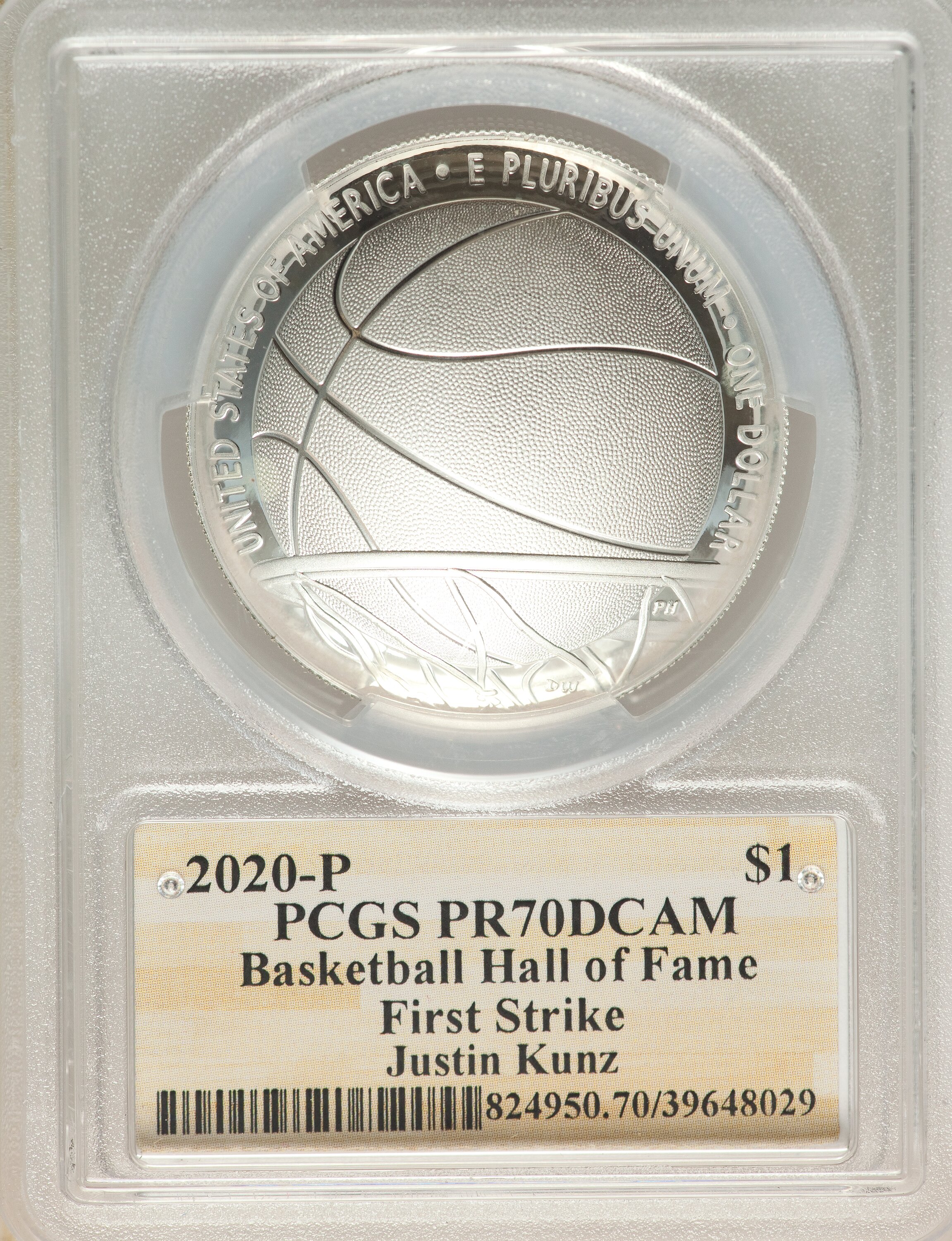 image for: 2020-P $1 Basketball Hall of Fame, First Strike, NMBHOF, Coin Designer Justin Kunz PR70 Deep Cameo PCGS. PCGS Population: (...