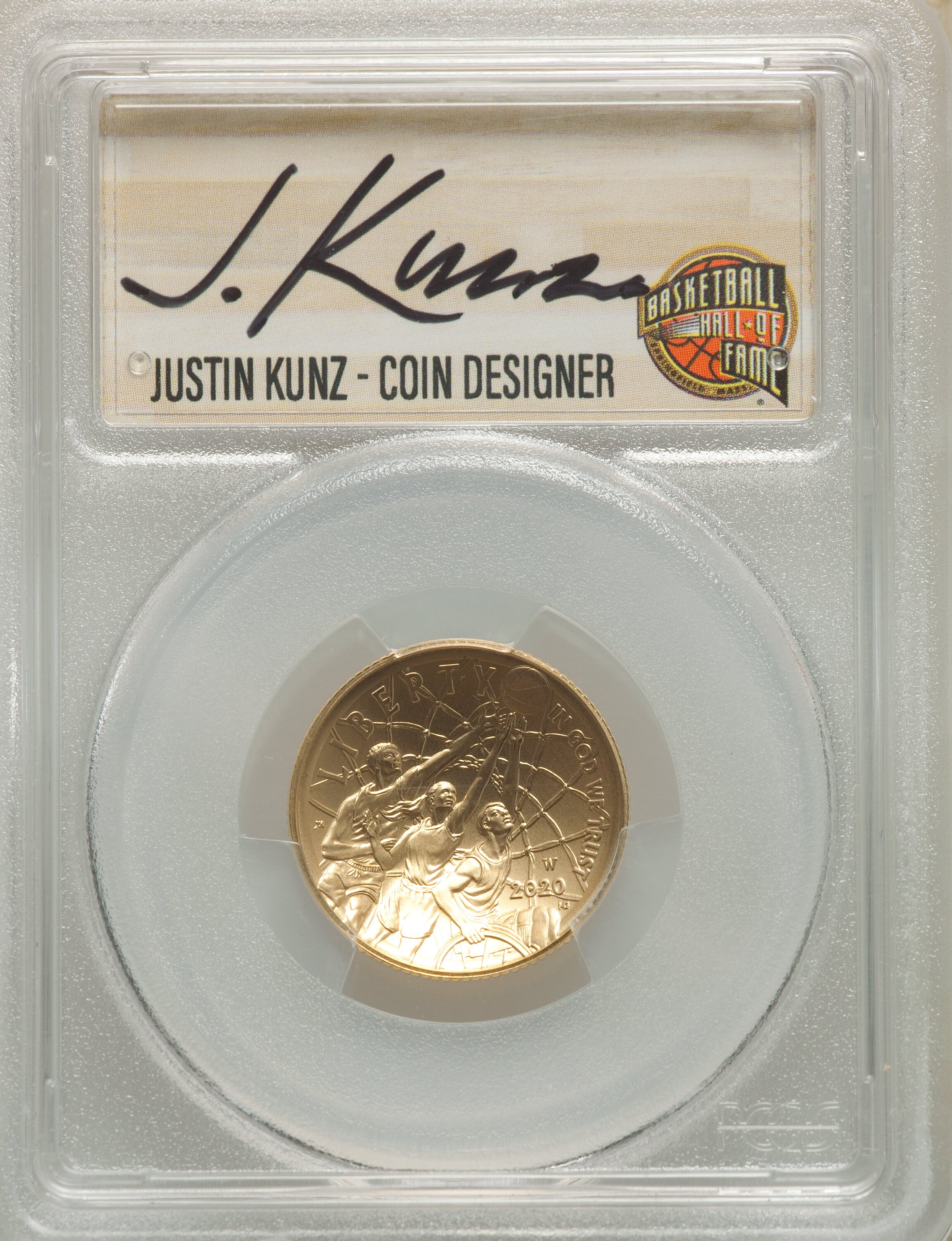 image for: 2020-W $5 Basketball Hall of Fame, First Strike, NMBHOF, Coin Designer Justin Kunz MS70 PCGS. PCGS Population: (100). NGC C...