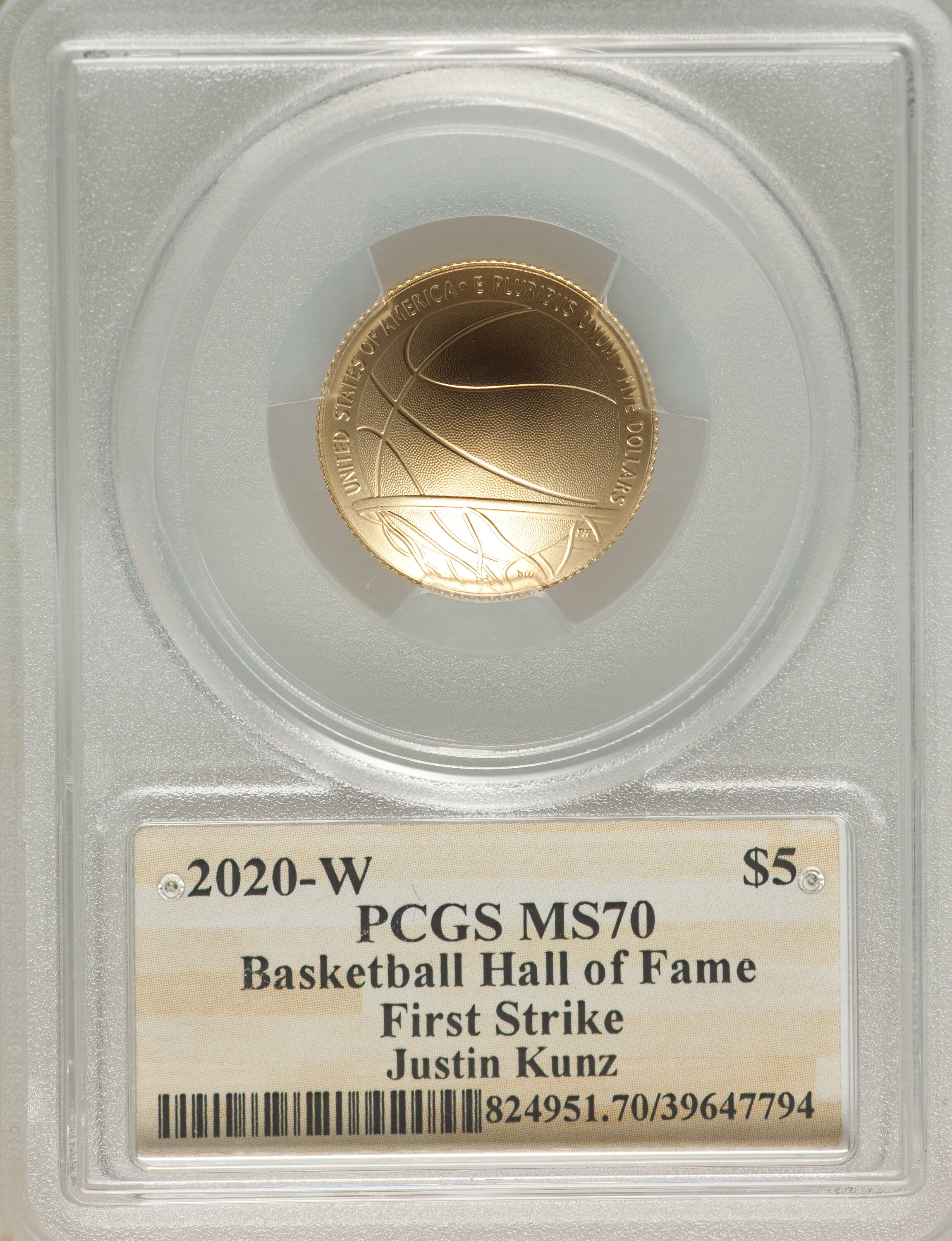 image for: 2020-W $5 Basketball Hall of Fame, First Strike, NMBHOF, Coin Designer Justin Kunz MS70 PCGS. PCGS Population: (100). NGC C...