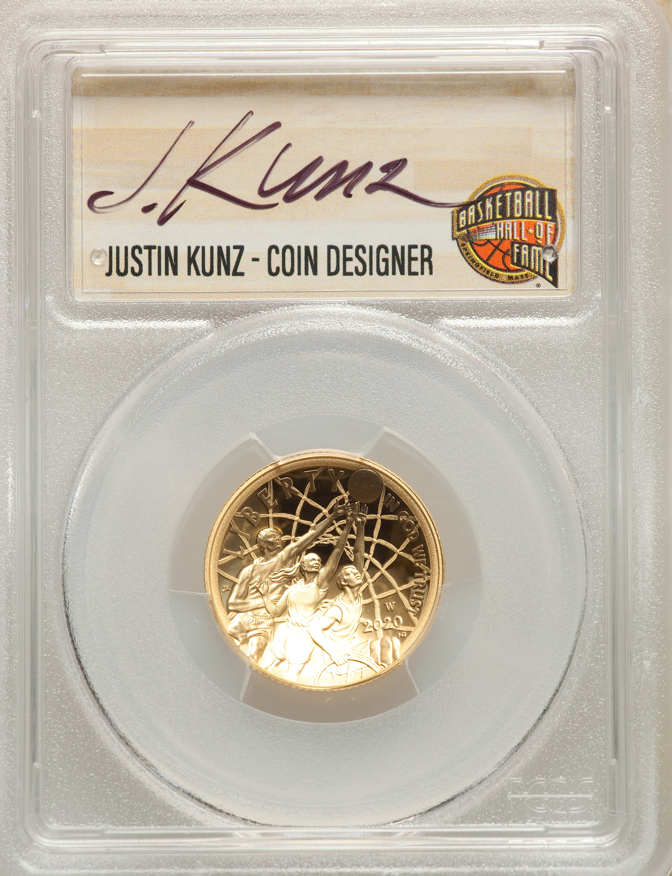 image for: 2020-W $5 Basketball Hall of Fame, First Strike, NMBHOF, Coin Designer Justin Kunz PR70 Deep Cameo PCGS. PCGS Population: (...