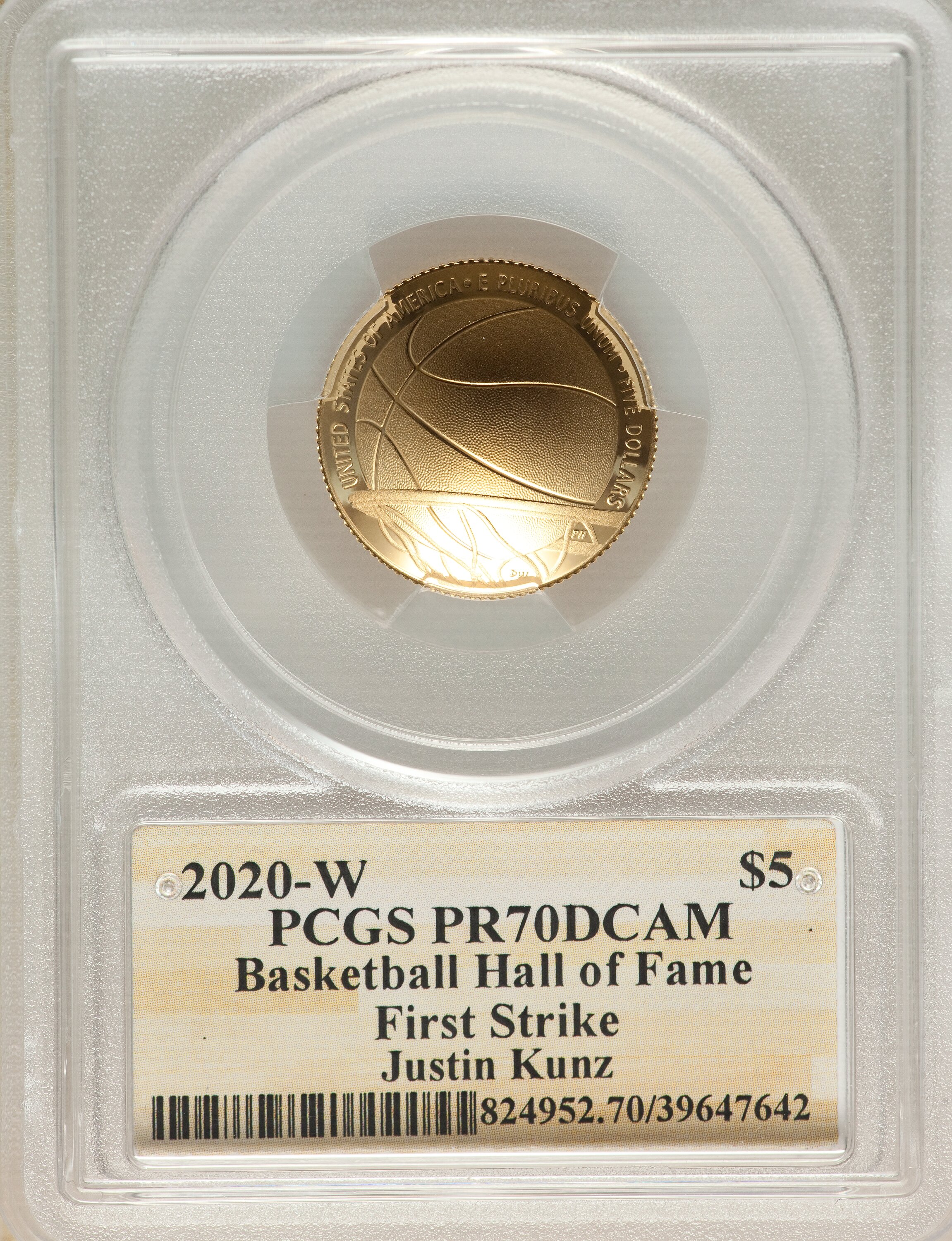 image for: 2020-W $5 Basketball Hall of Fame, First Strike, NMBHOF, Coin Designer Justin Kunz PR70 Deep Cameo PCGS. PCGS Population: (...