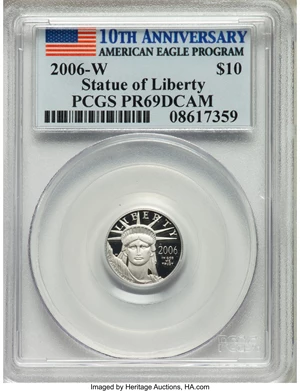 image for: 2006-W $10 Tenth-Ounce Platinum Eagle, Statue of Liberty, 10th Anniversary, PR69 Deep Cameo PCGS. PCGS Population: (1372/30...