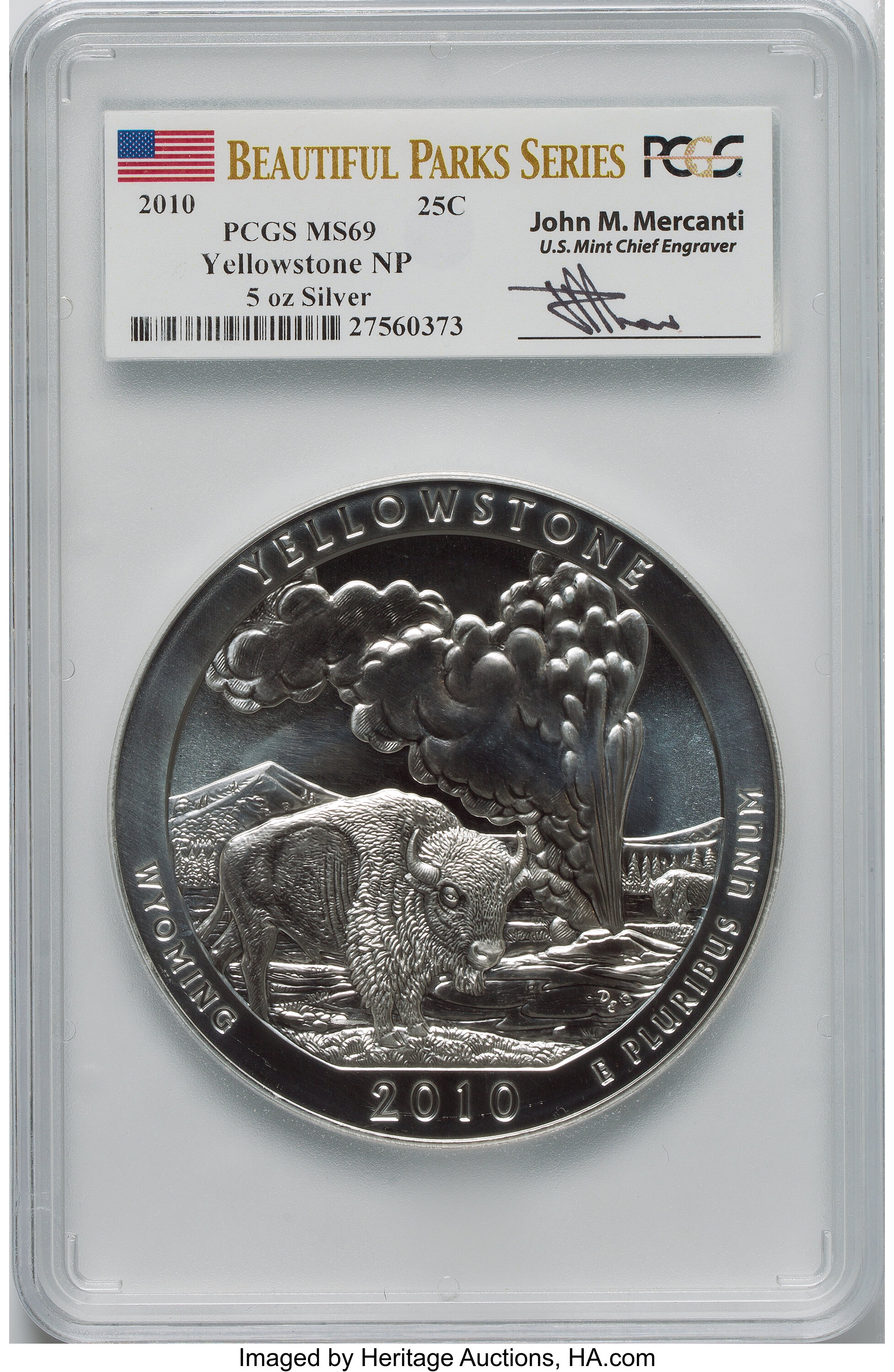 image for: 2010 25C Yellowstone Five Ounce Silver, Mercanti Signature, MS69 PCGS. PCGS Population: (153/0). NGC Census: (587/0). CDN: ...