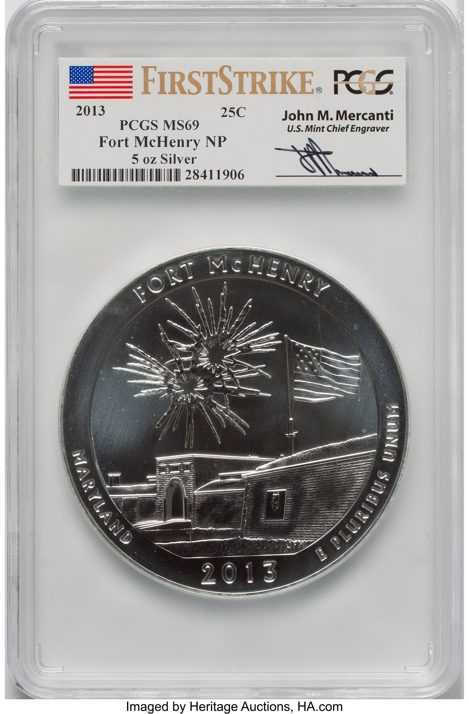 image for: 2013 25C Fort McHenry NP Five-Ounce Silver, First Strike, Mercanti Signature, MS69 PCGS. PCGS Population: (543/0). NGC Cens...