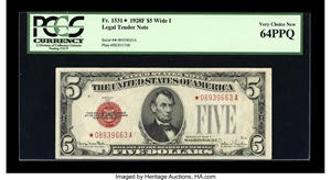 image for: Fr. 1531* $5 1928F Wide I Legal Tender Note. PCGS Very Choice New 64PPQ.