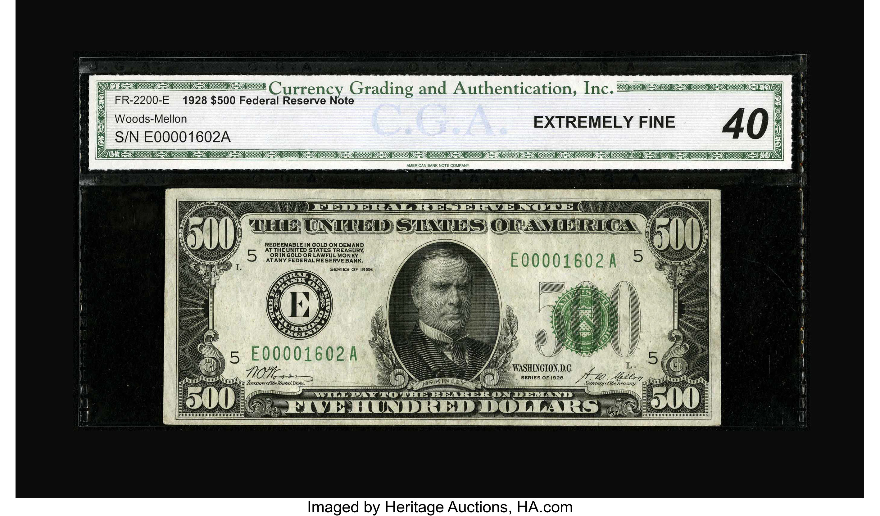 image for: Fr. 2200-E $500 1928 Federal Reserve Note. CGA Extremely Fine 40....