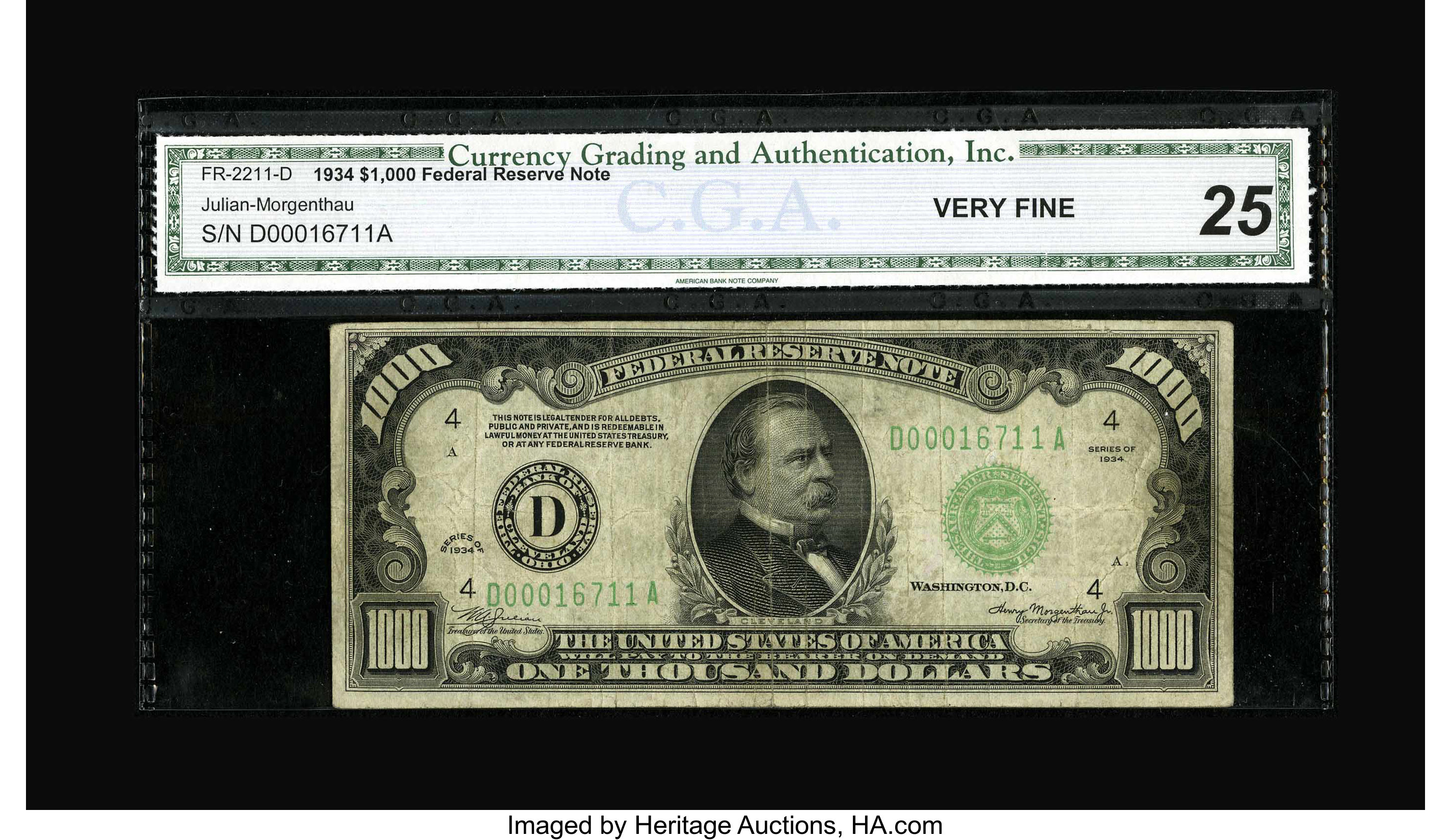 image for: Fr. 2211-D $1000 1934 Federal Reserve Note. CGA Very Fine 25....