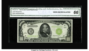 image for: Fr. 2211-H $1000 1934 Light Green Seal Federal Reserve Note. CGA Gem Uncirculated 66....