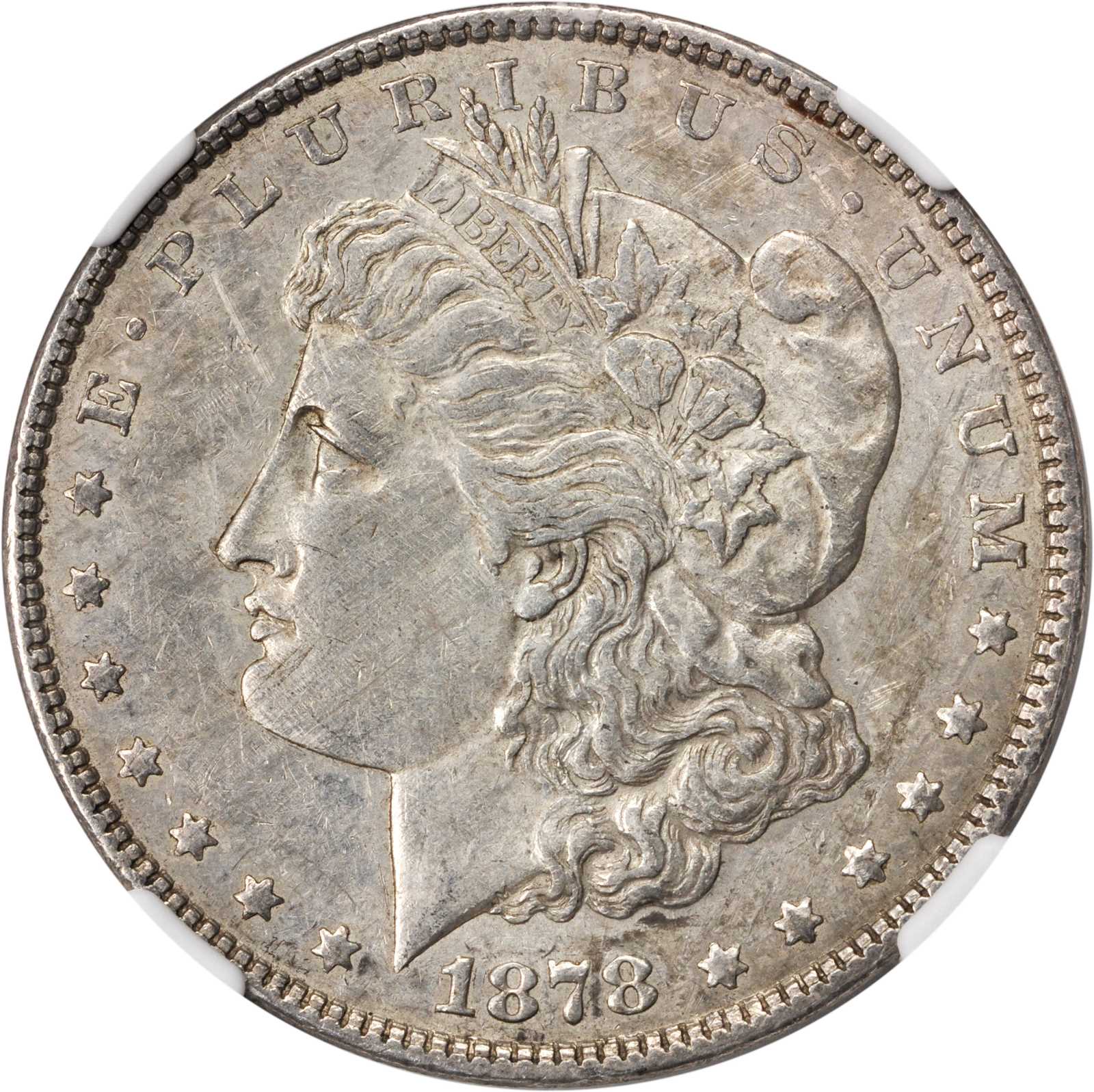 image for: 1878 Morgan Silver Dollar. 7 Tailfeathers. Reverse of 1878. VAM-189. Hitlist-40. Re-Engraved Wing. AU Details--Scratches (NGC).