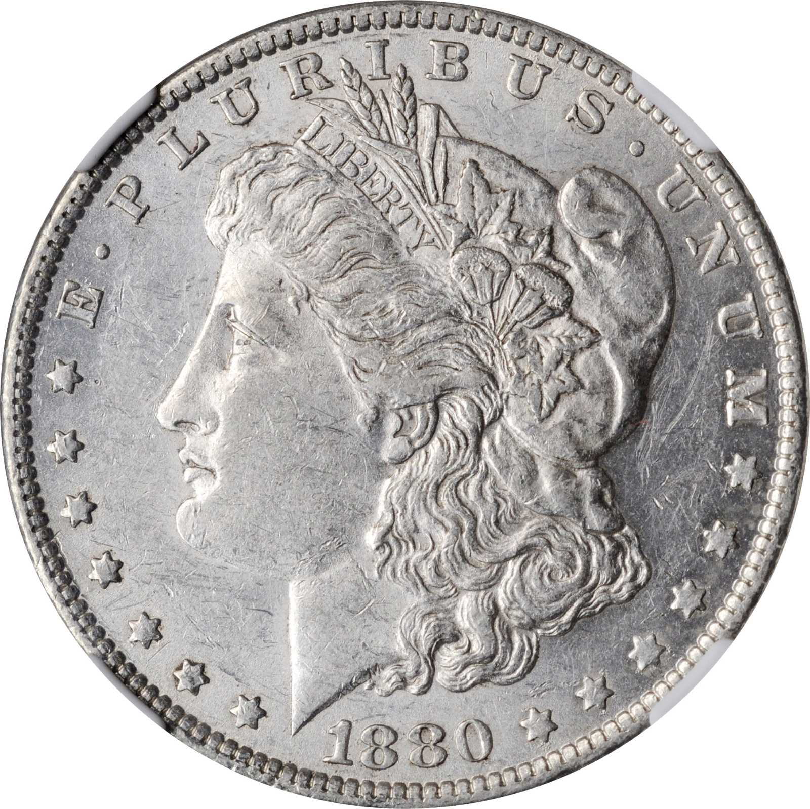 1880-O Morgan Silver Dollar. VAM-7. Hit list 40. Rusted Date. AU-58 (NGC).