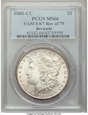image for: 1880-CC $1 Reverse of 1879, 8/7 Dash, MS66 PCGS. VAM-8....