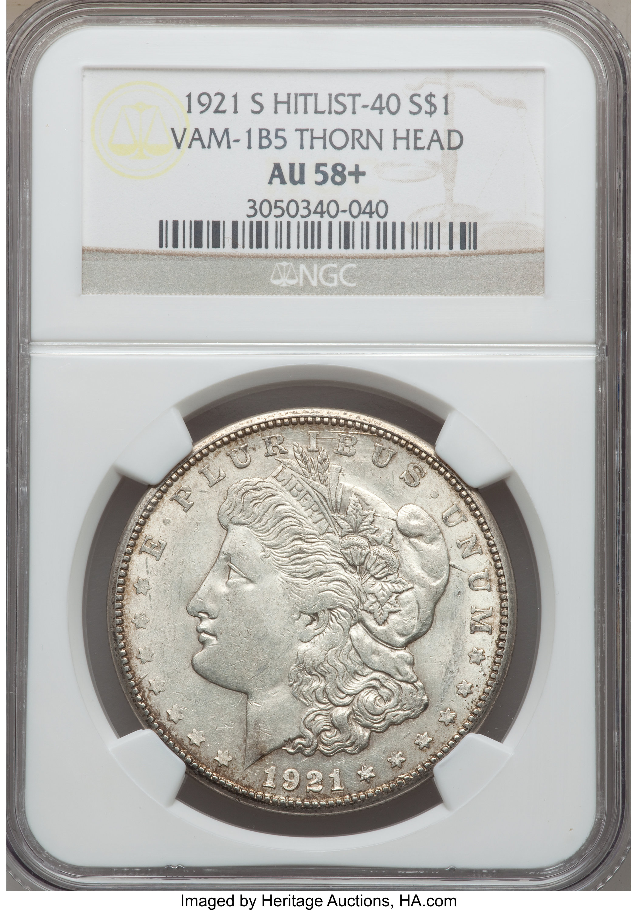 image for: 1921-S $1 Thorn Head, VAM-1B-5, Hitlist-40 AU58+ NGC. NGC Census: (0/0). PCGS Population (2/5)....
