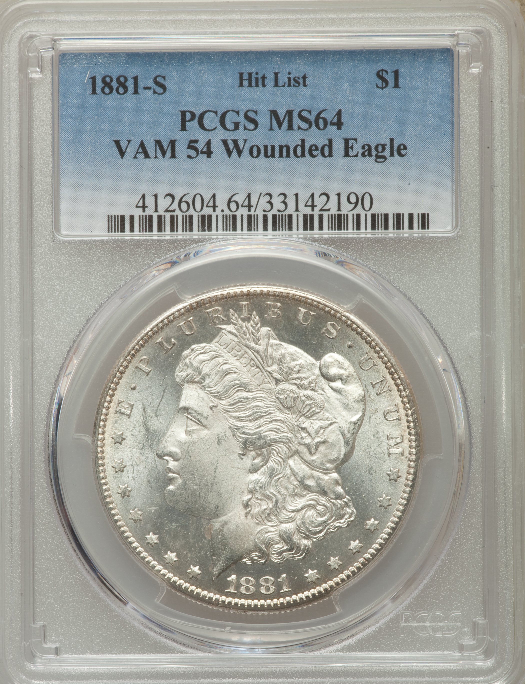 image for: 1881-S $1 VAM-54, Wounded Eagle, Hit List 40, MS64 PCGS. PCGS Population (10/5). NGC Census: (0/0).  ...