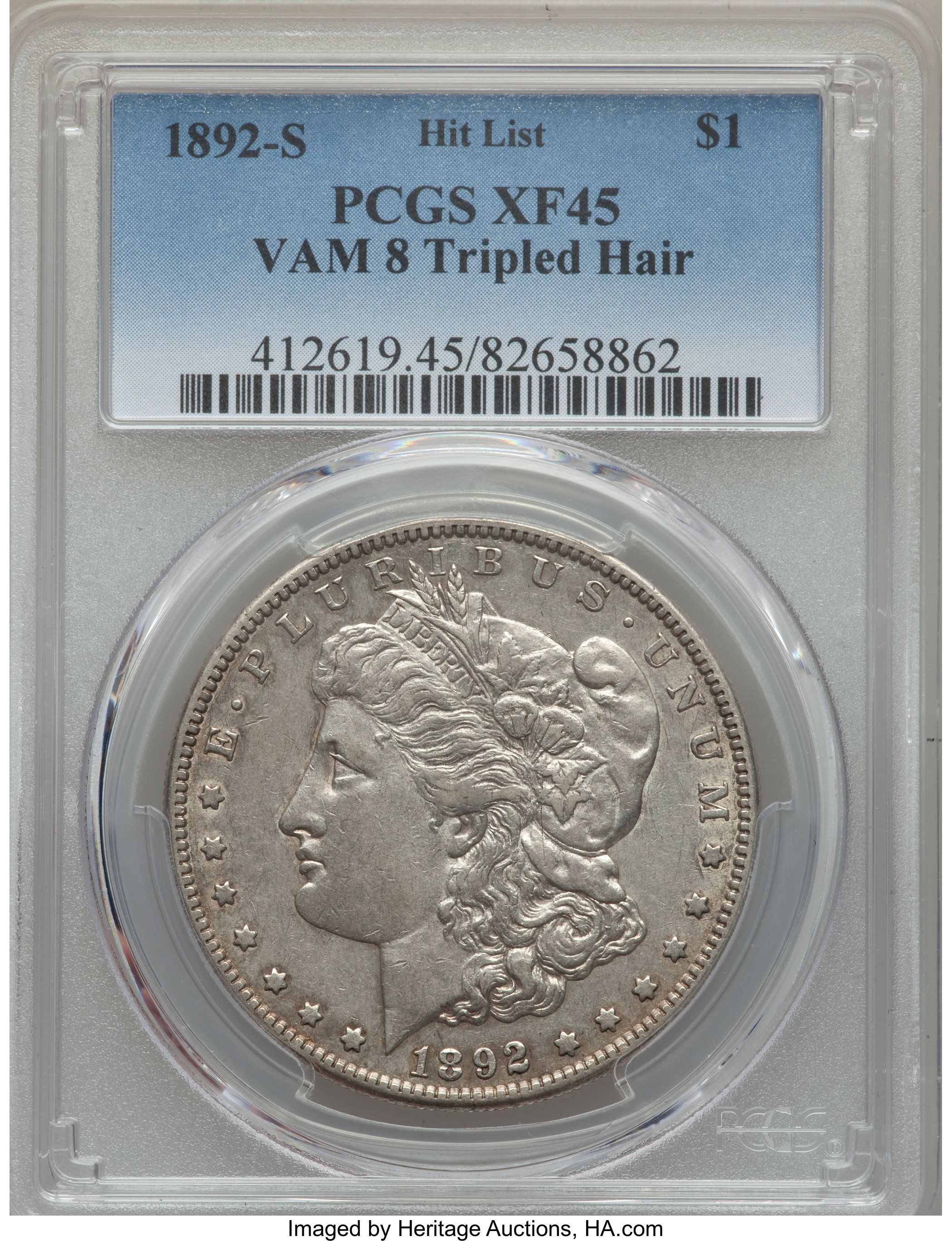 image for: 1892-S $1 Tripled Hair, VAM-8, XF45 PCGS. PCGS Population: (4/4). NGC Census: (0/0).  Mintage 1,200,000. ...