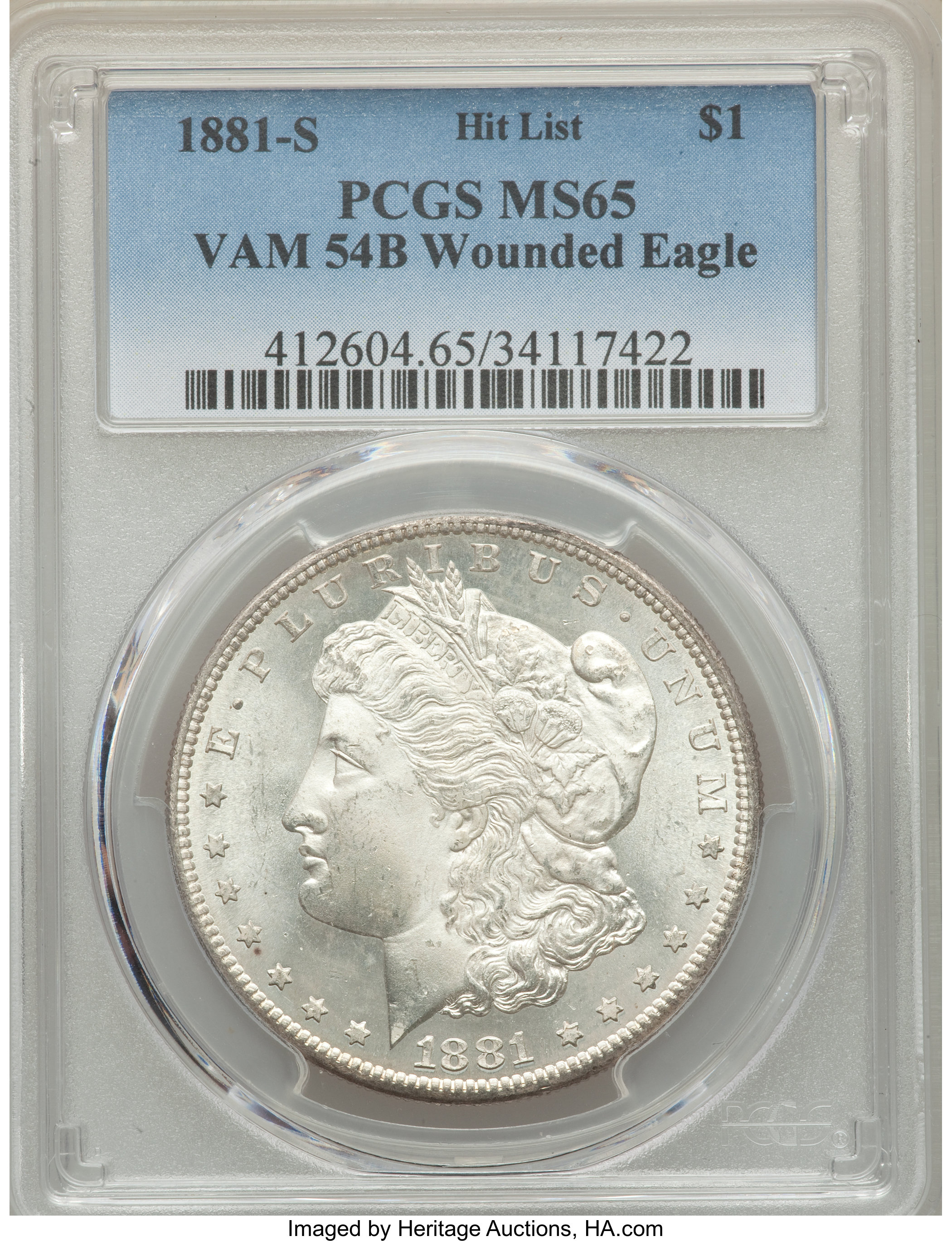 image for: 1881-S $1 VAM-54, Wounded Eagle, MS65 PCGS. A Hit List 40 Variety. PCGS Population: (8/1). NGC Census: (0/0). MS65....