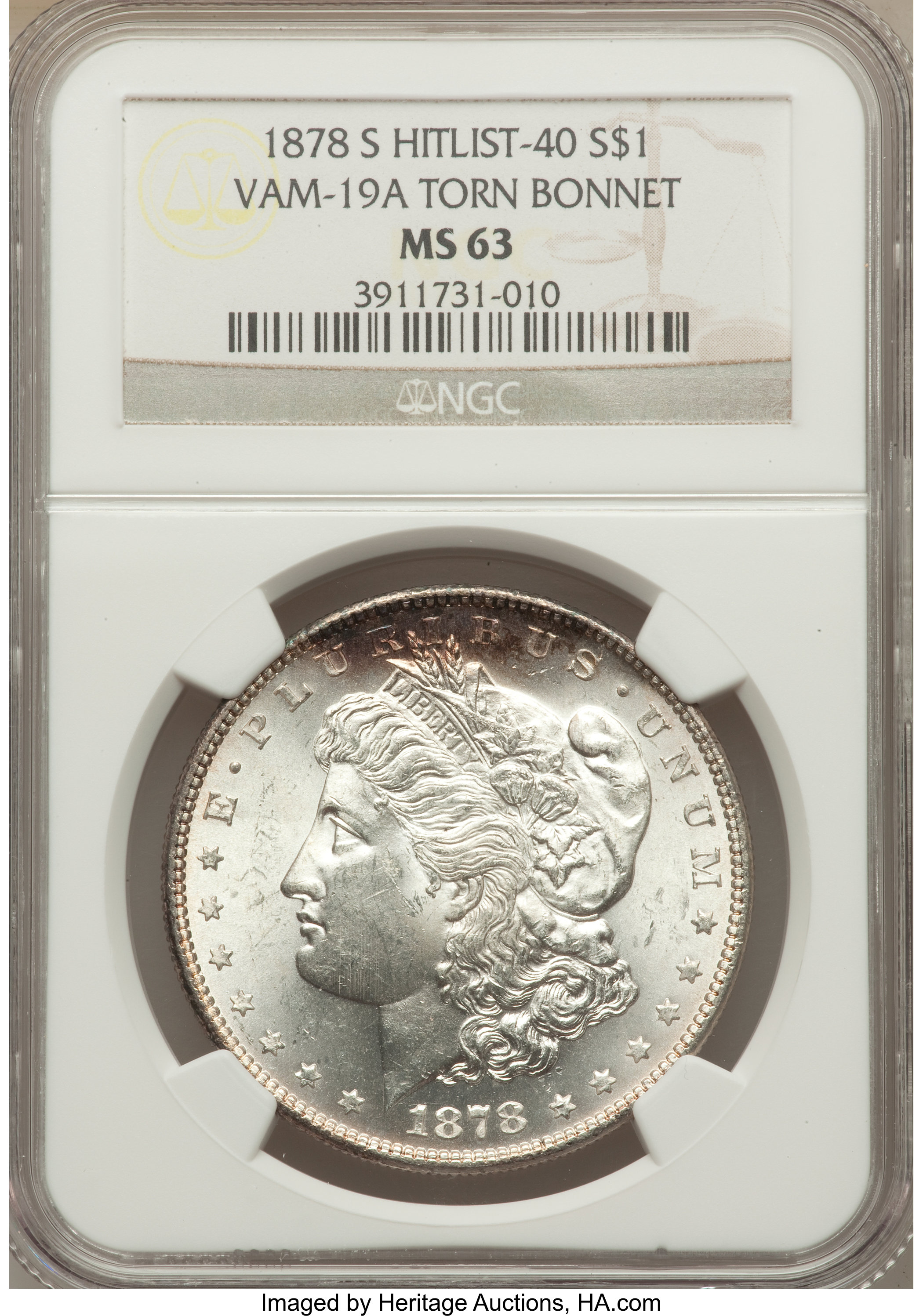 image for: 1878-S $1 Torn Bonnet, VAM-19A, MS63 NGC.  Hitlist-40. NGC Census: (0/0). PCGS Population (25/51)....
