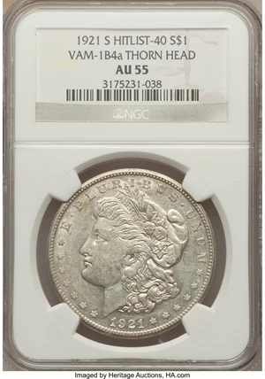 image for: 1921-S $1 Thorn Head, VAM-1B-4a AU55 NGC. Hitlist-40. NGC Census: (0/0). PCGS Population (1/3). ...