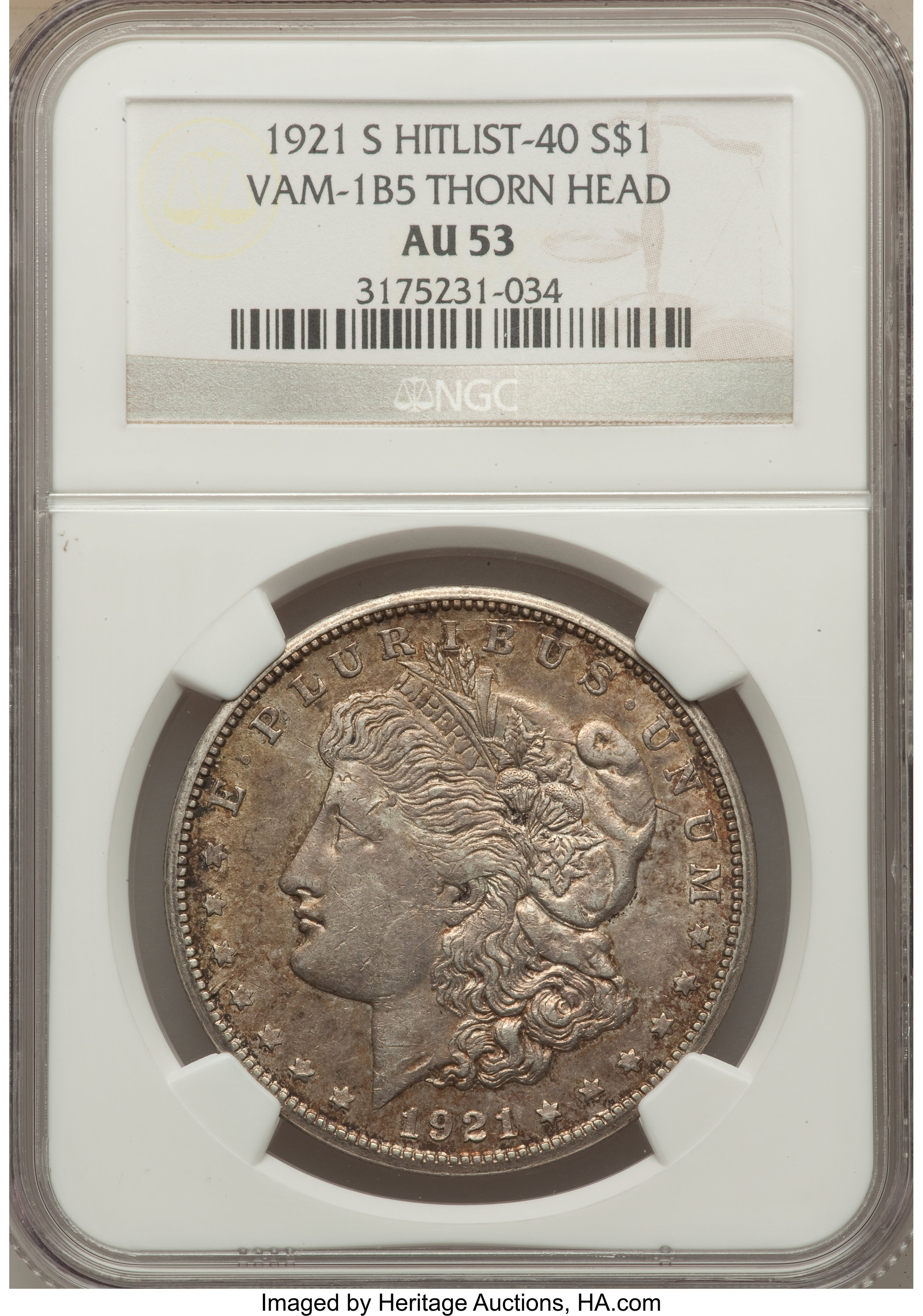 image for: 1921-S $1 Thorn Head, VAM-1B-5 AU53 NGC.  Hitlist-40. NGC Census: (0/0). PCGS Population (2/12).  ...