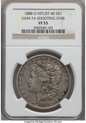 image for: 1888-O $1 Shooting Star, VAM-7A, VF35 NGC. Hitlist-40. NGC Census: (1/5). PCGS Population (2/16)....