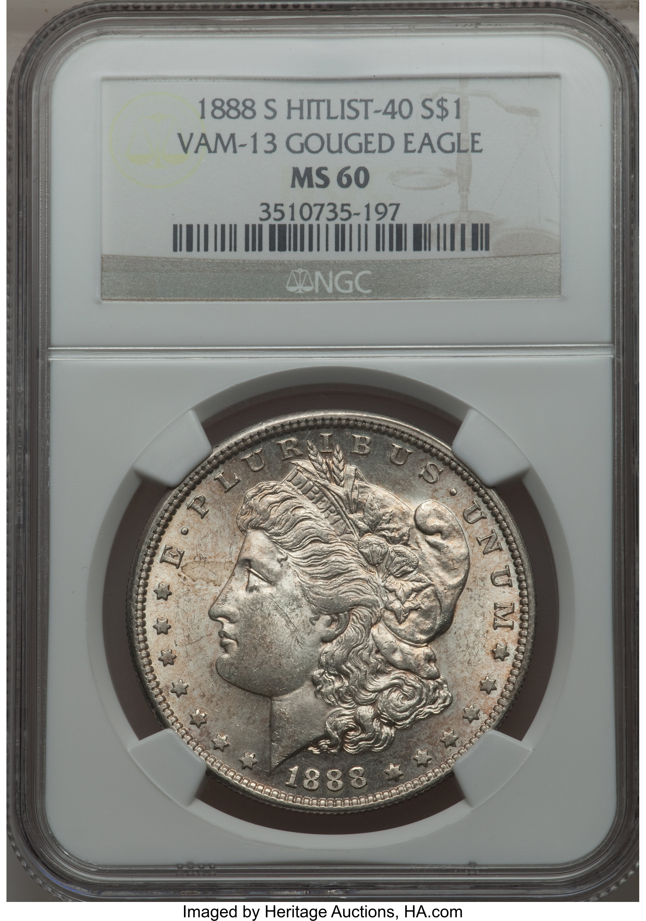 image for: 1888-S $1 Gouged Eagle, VAM-13, MS60 NGC.  Hitlist-40. NGC Census: (0/0). PCGS Population (0/0).  ...