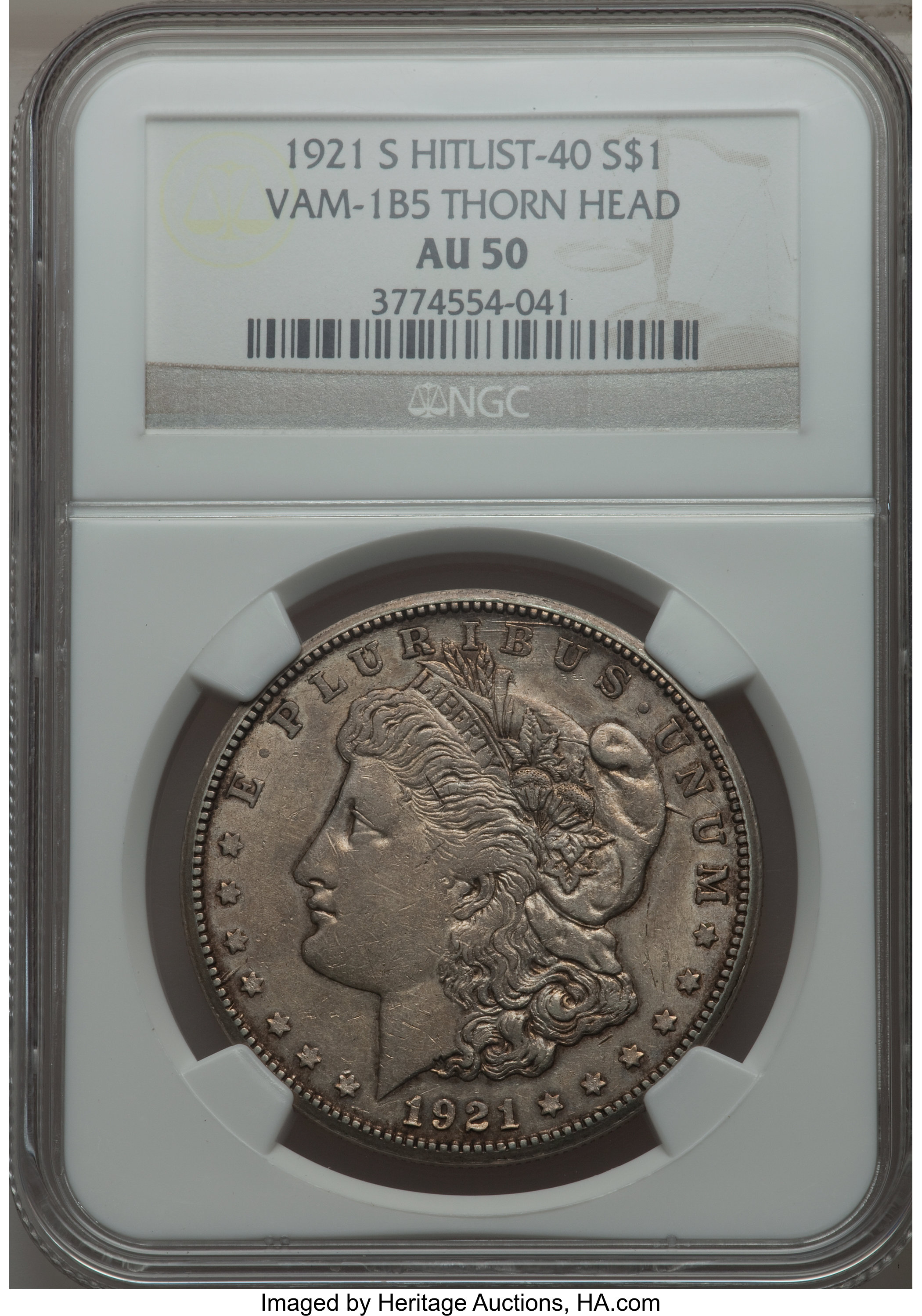 image for: 1921-S $1 Thorn Head, VAM-1B-5 AU50 NGC.  Hitlist-40. NGC Census: (0/0). PCGS Population (3/14).  ...
