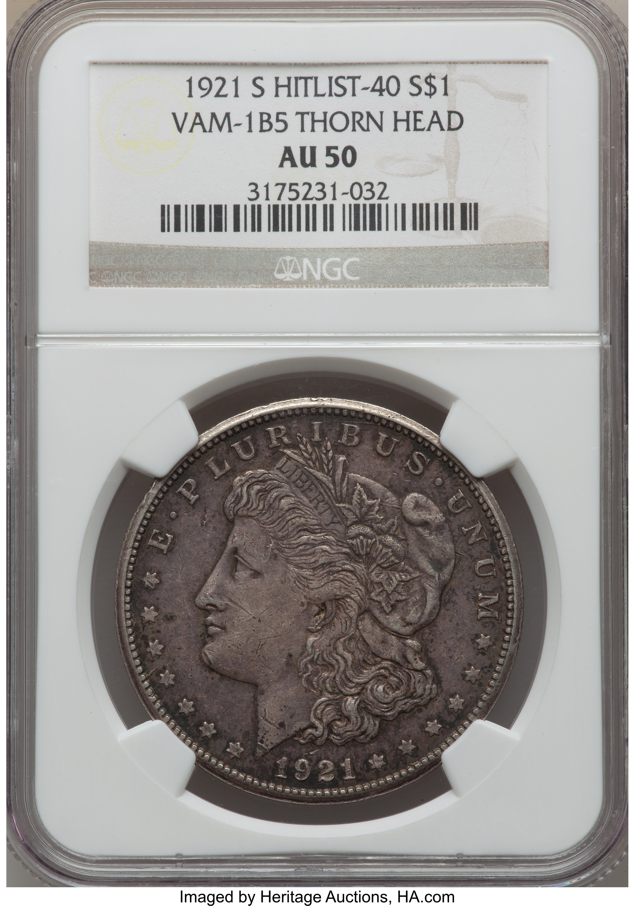 image for: 1921-S $1 Thorn Head, VAM-1B-5 AU50 NGC.  Hitlist-40. NGC Census: (0/0). PCGS Population (3/14).  ...