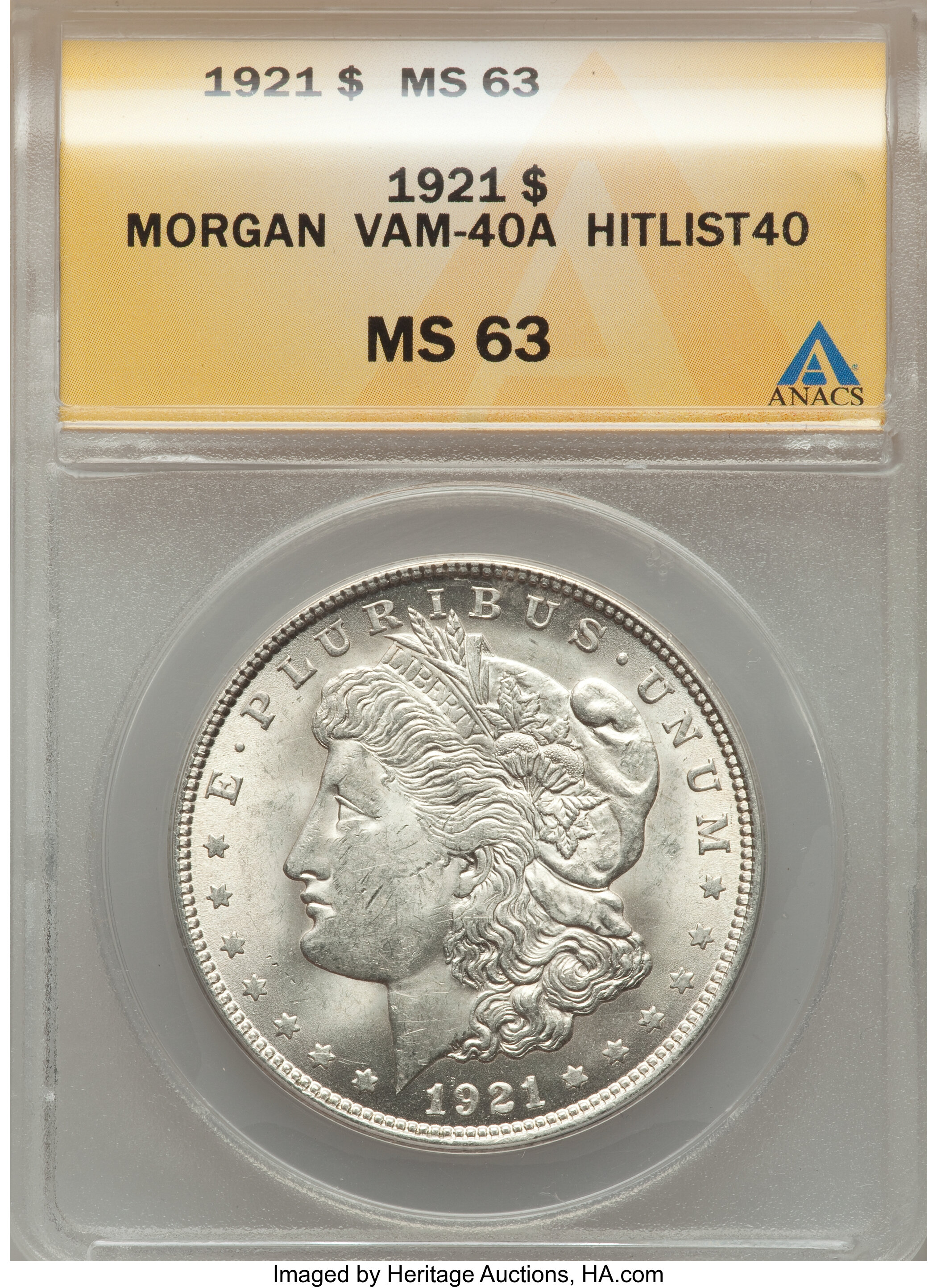 image for: 1921 $1 Denticle Clash, VAM-40A MS63 ANACS.  Hitlist-40. NGC Census: (0/0). PCGS Population (13/6).  ...