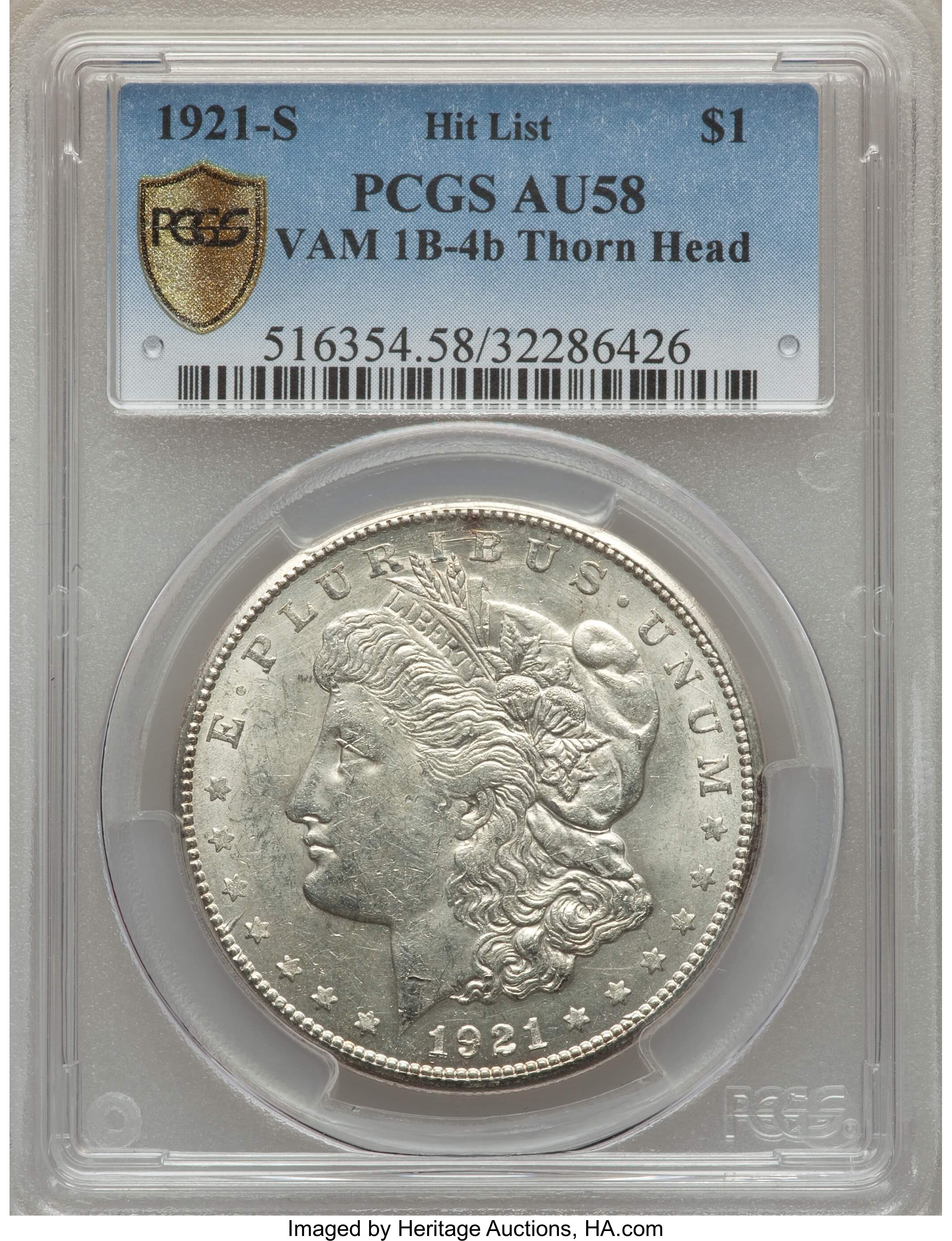 image for: 1921-S $1 Thorn Head, VAM-1B4B, AU58 PCGS Secure.  Hit List. PCGS Population (1/3). NGC Census: (0/0). Mintage: 21,695,000....