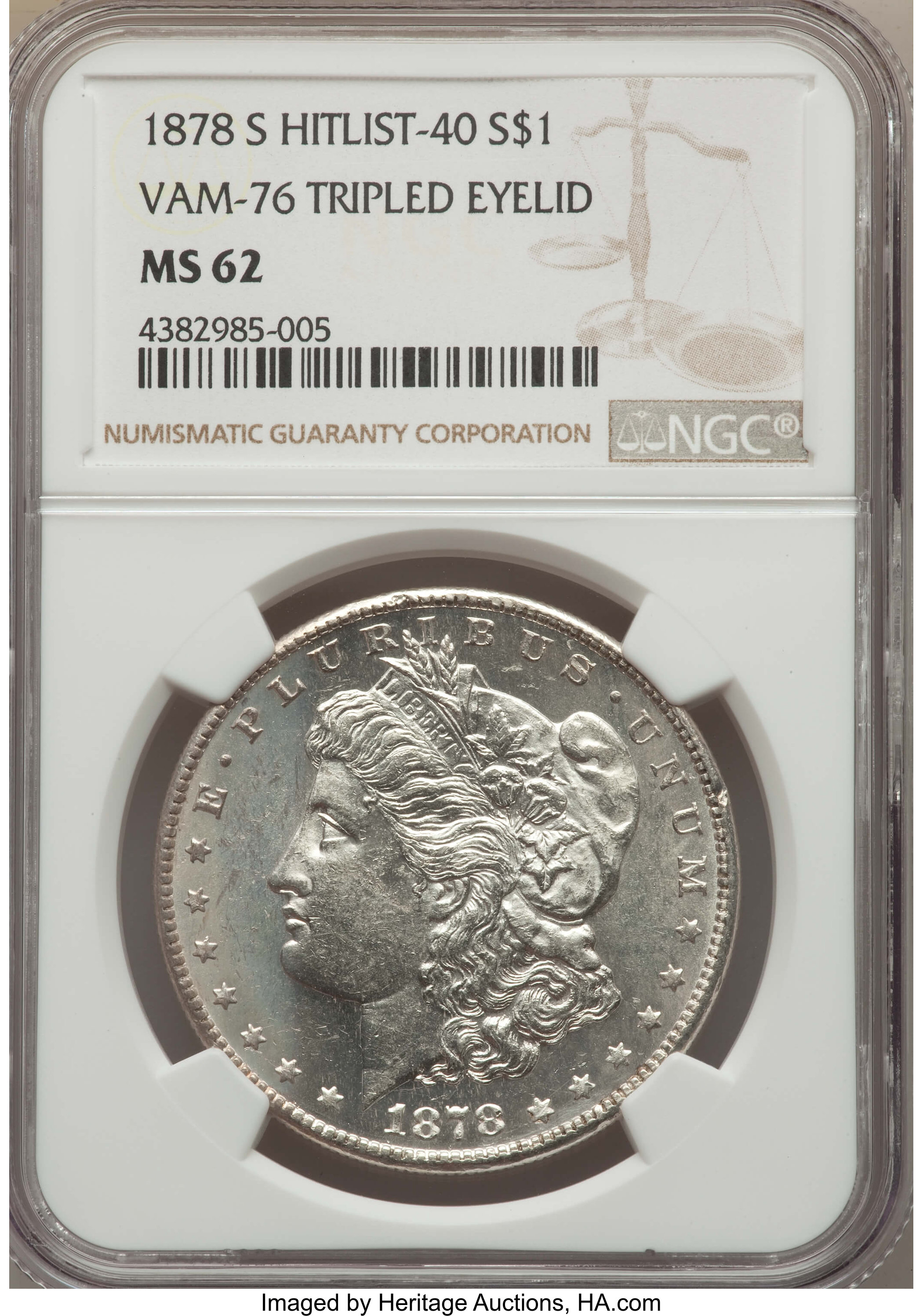 image for: 1878-S $1 Tripled Eyelid, VAM-76 MS62 NGC. Hitlist-40. NGC Census: (0/0). PCGS Population (9/13)....
