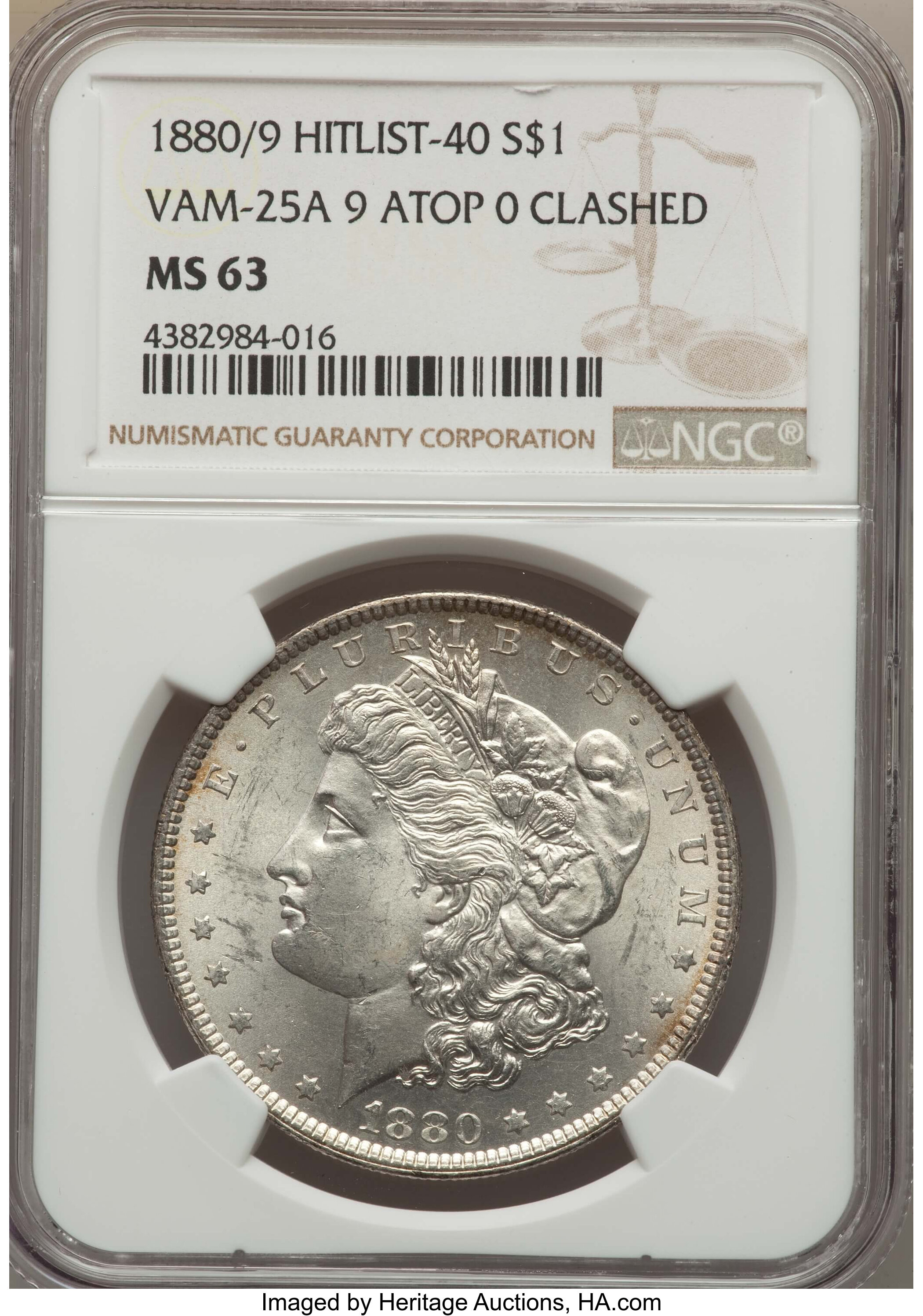 image for: 1880 $1 0/9 Overdate, VAM 25, MS63 NGC. Hitlist-40. NGC Census: (0/0). PCGS Population (14/24)....