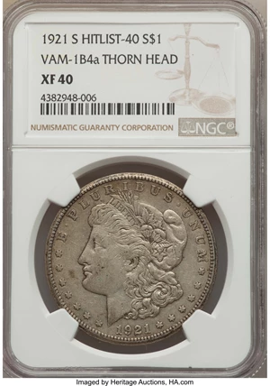 image for: 1921-S $1 Thorn Head, VAM-1B4A, XF40 NGC. Hitlist-40. NGC Census: (0/0). PCGS Population (1/16)....