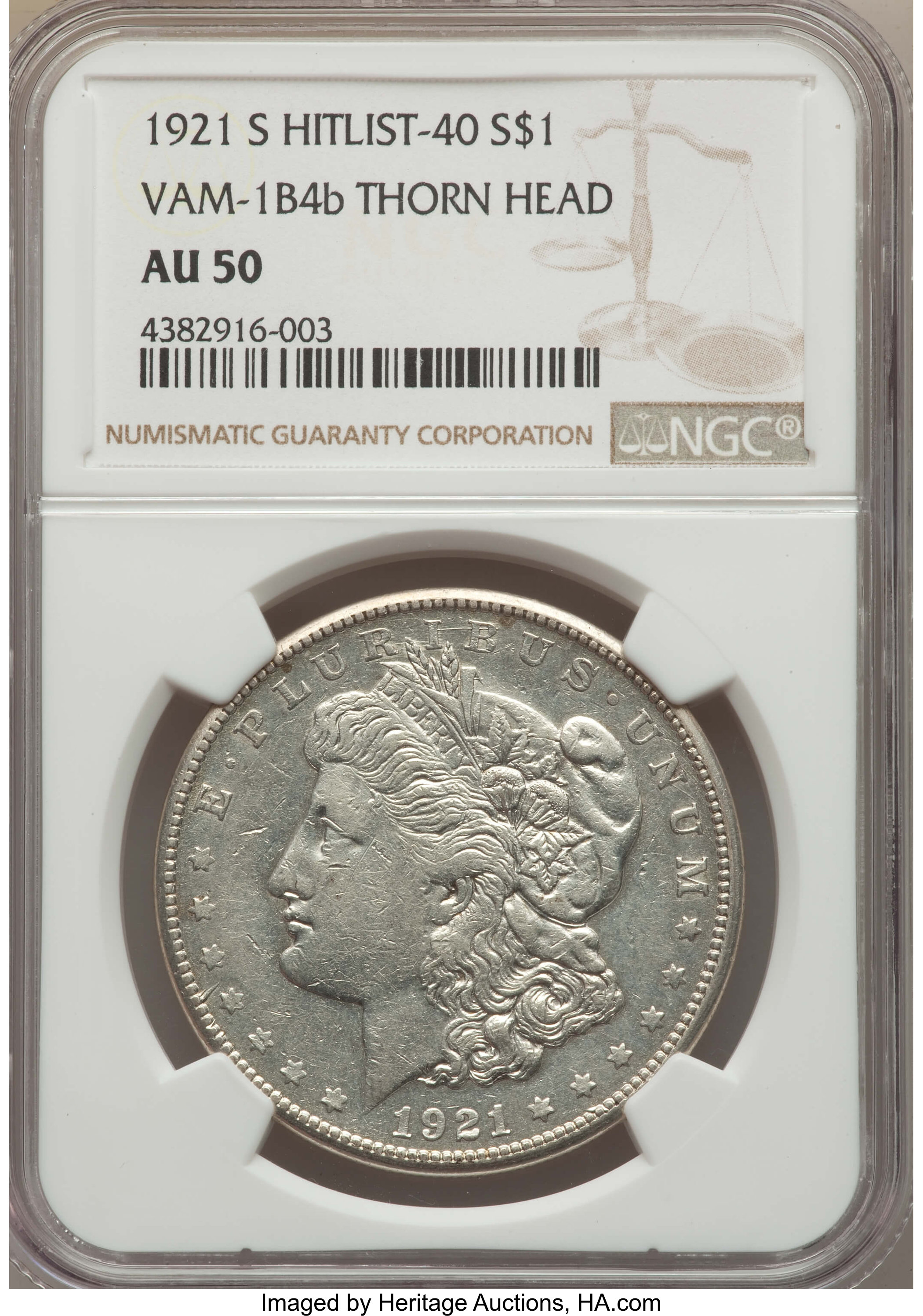 image for: 1921-S $1 Thorn Head, VAM-1B4B, AU50 NGC. Hitlist-40. NGC Census: (0/0). PCGS Population (0/0). Mintage: 21,695,000....