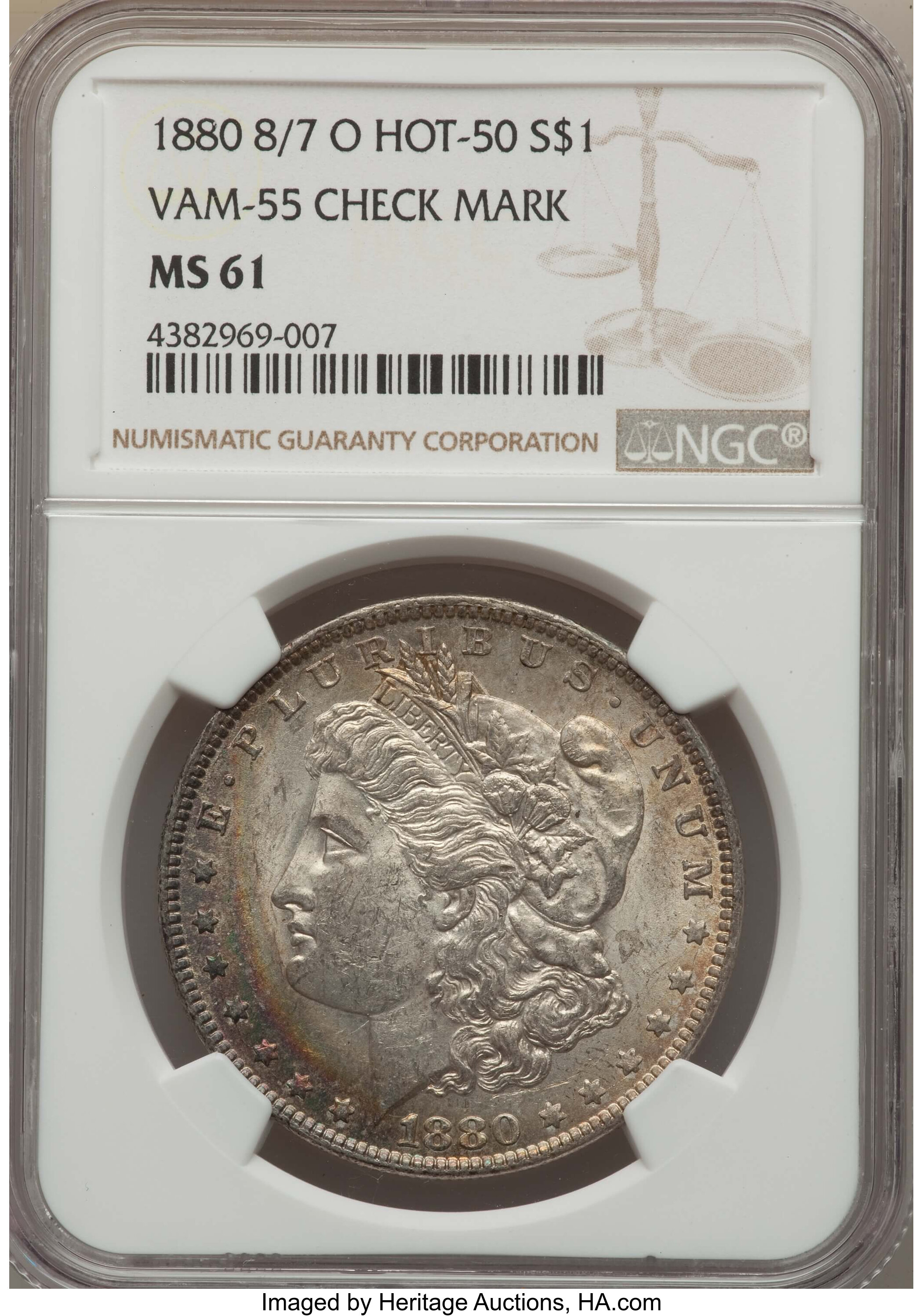 image for: 1880-O $1 8/7, Checkmark, VAM-55 MS61 NGC. HOT-50. NGC Census: (0/0). PCGS Population (4/8)....