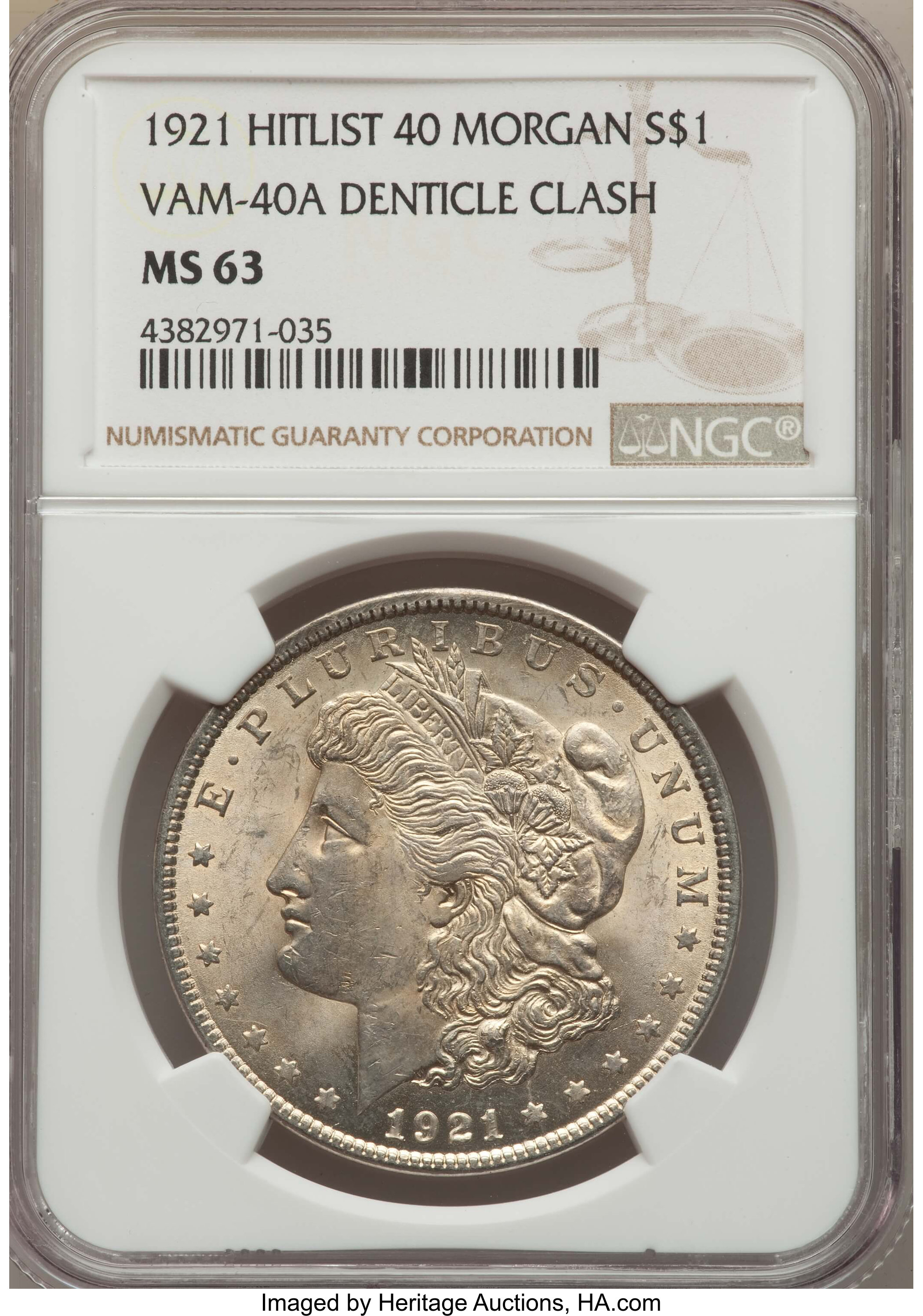 image for: 1921 $1 Denticle Clash, VAM-40A MS63 NGC. Hitlist-40. NGC Census: (0/0). PCGS Population (13/7)....