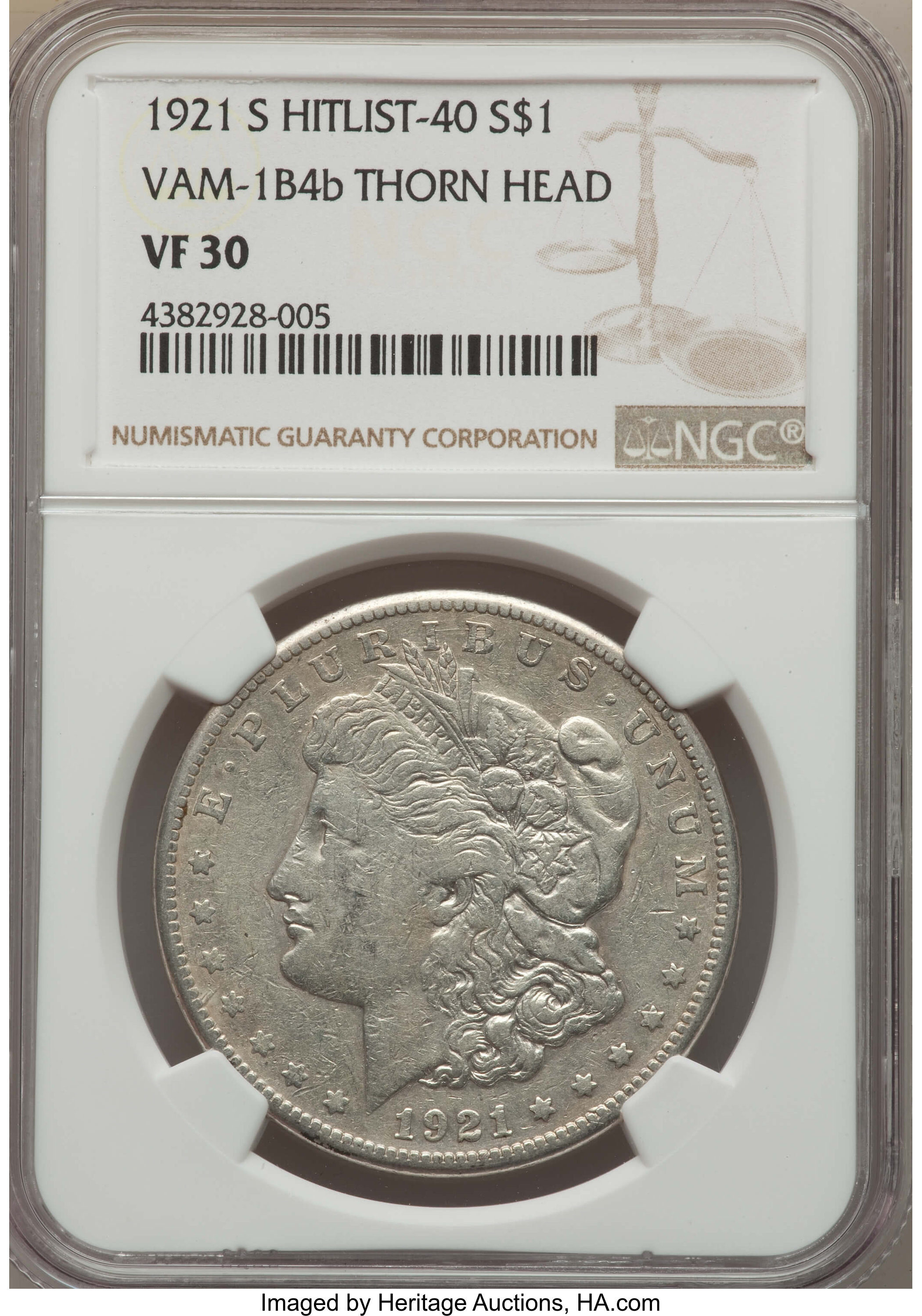 image for: 1921-S $1 Thorn Head, VAM-1B4b, VF30 NGC. NGC Census: (0/0). PCGS Population (0/0). Mintage: 21,695,000....