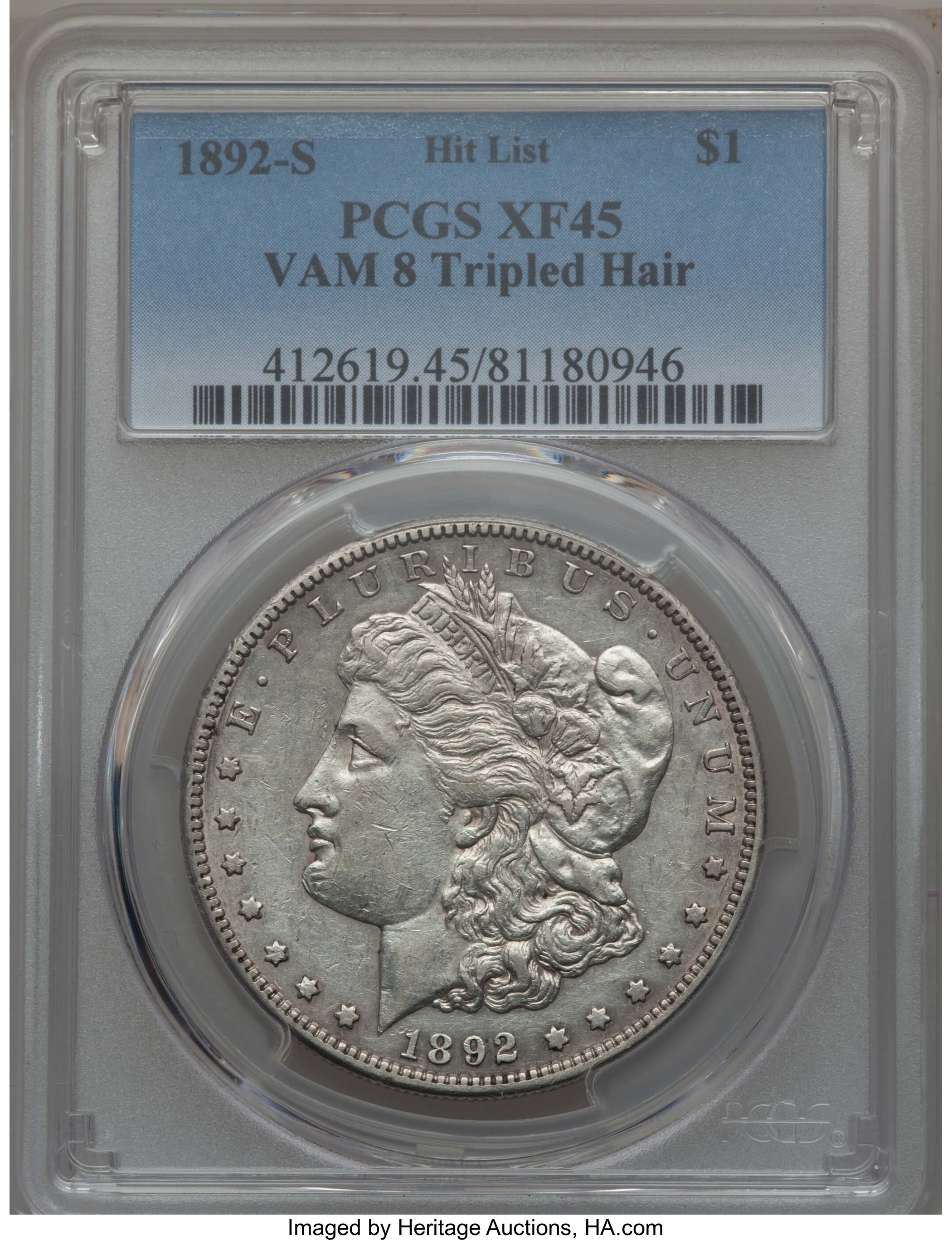 image for: 1892-S $1 Tripled Hair, VAM-8, XF45 PCGS. Hitlist. PCGS Population (3/3). NGC Census: (0/0). Mintage: 1,200,000....