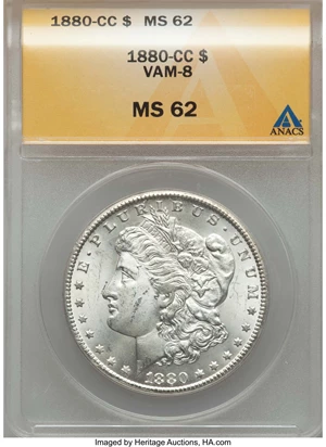 image for: 1880-CC $1 Reverse of 1879, VAM-8, MS62 ANACS. NGC Census: (0/0). PCGS Population (6/31)....