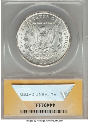 image for: 1880-CC $1 Reverse of 1879, VAM-8, MS62 ANACS. NGC Census: (0/0). PCGS Population (6/31)....