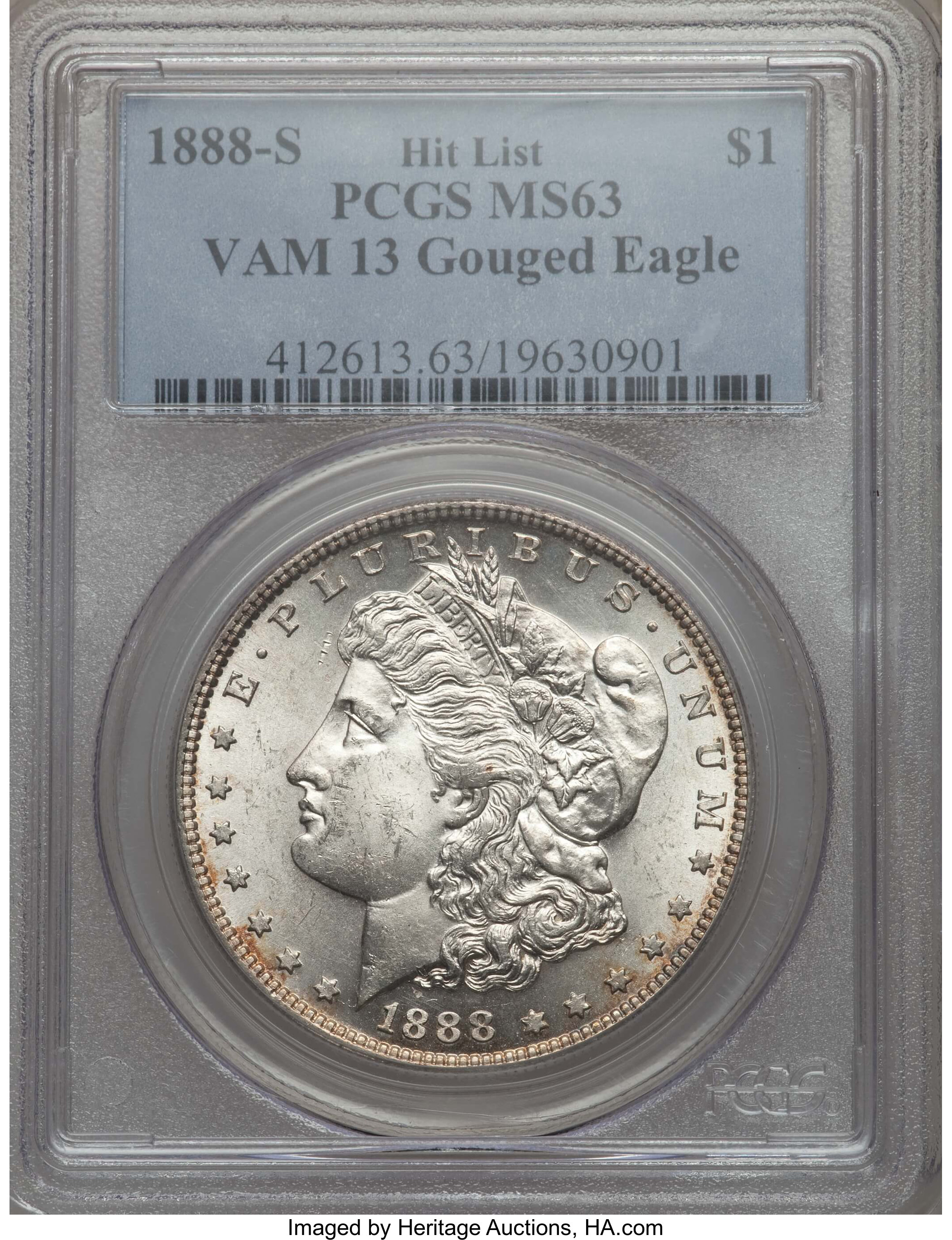 image for: 1888-S $1 Gouged Eagle, VAM-13, MS63 PCGS.  Hitlist. PCGS Population: (19/19). NGC Census: (0/0).  ...