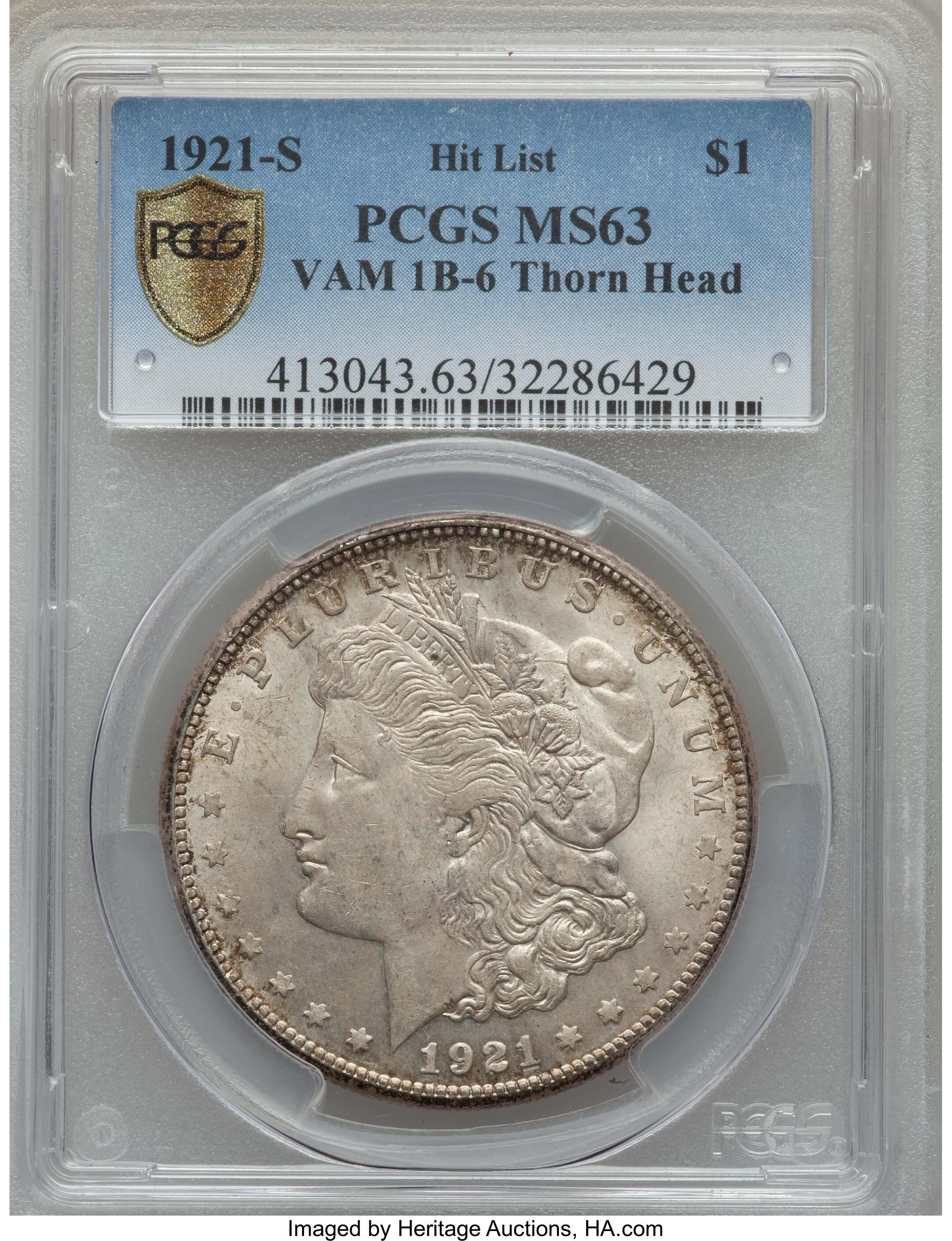 1921-S $1 Thorn Head, VAM-1B6, MS63 PCGS Secure. Hitlist. PCGS Population: (17/9 and 0/2+). NGC Census: (0/0 and 0/0+). ...