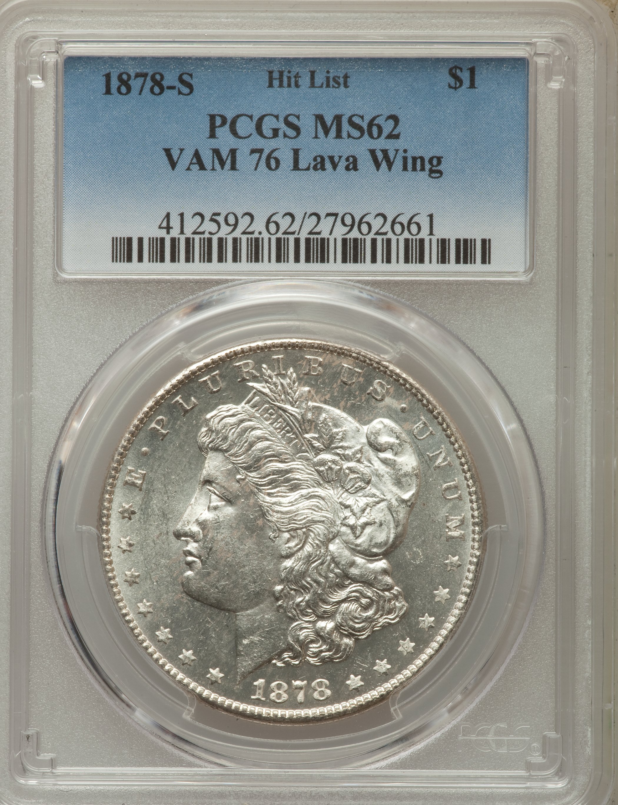 image for: 1878-S $1 Lava Wing, VAM-76 MS62 PCGS. Hit List. PCGS Population: (11/13). NGC Census: (0/0)....