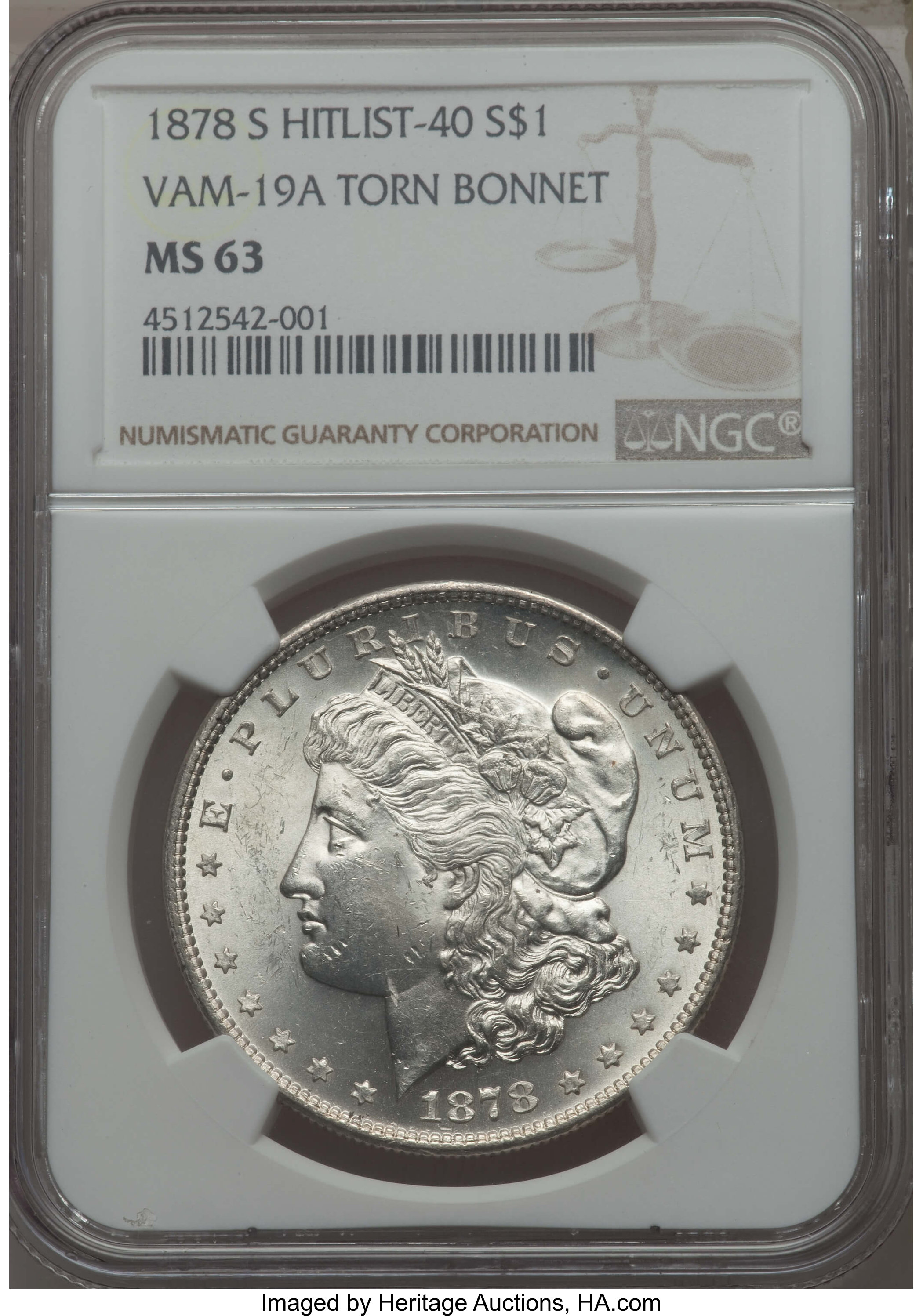 image for: 1878-S $1 Torn Bonnet, VAM-19, MS63 NGC. Hitlist-40. NGC Census: (0/0). PCGS Population: (26/56)....