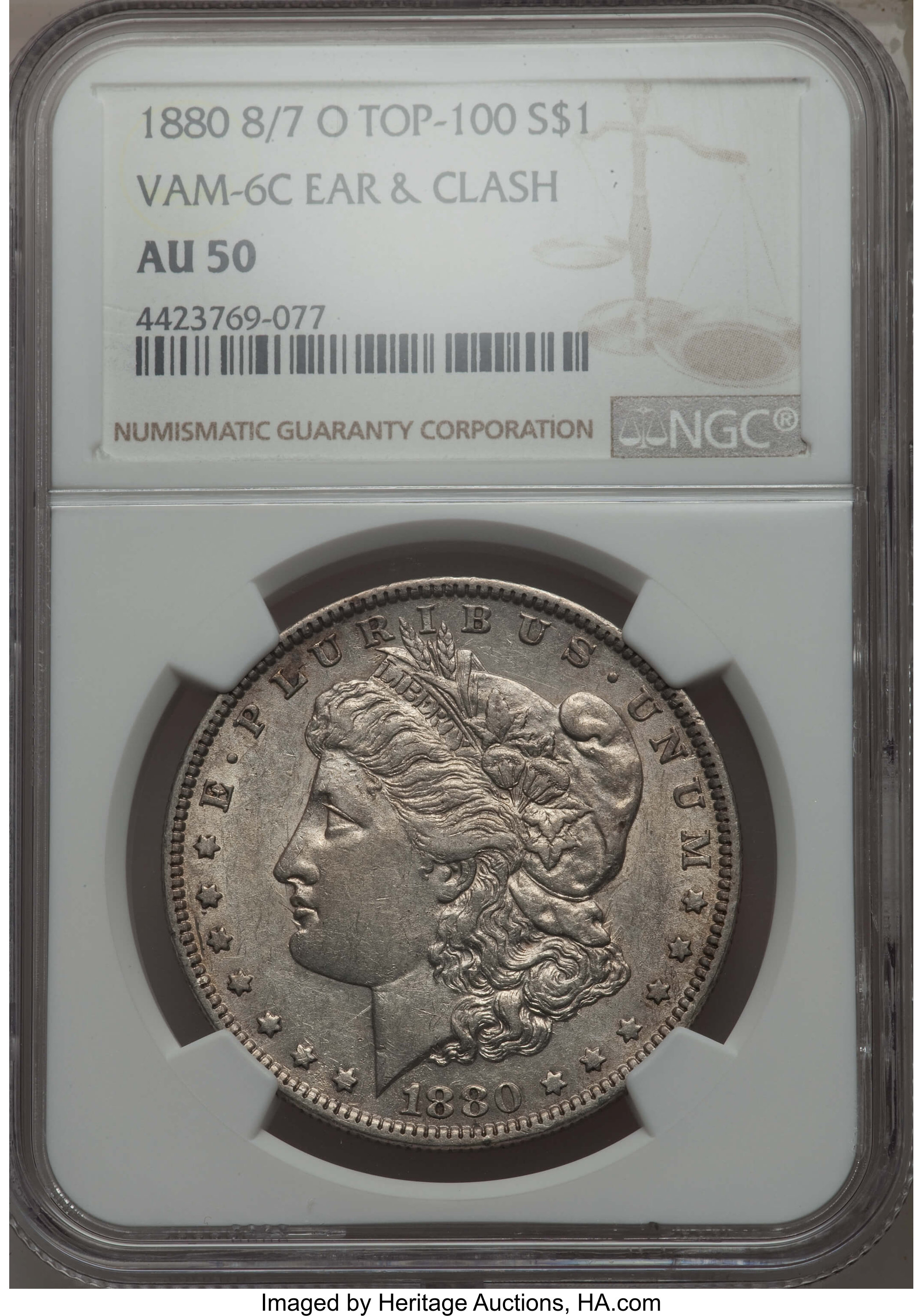image for: 1880-O $1 8/7 Ear, VAM-6C, Top 100 AU50 NGC. NGC Census: (0/0). PCGS Population: (0/0)....