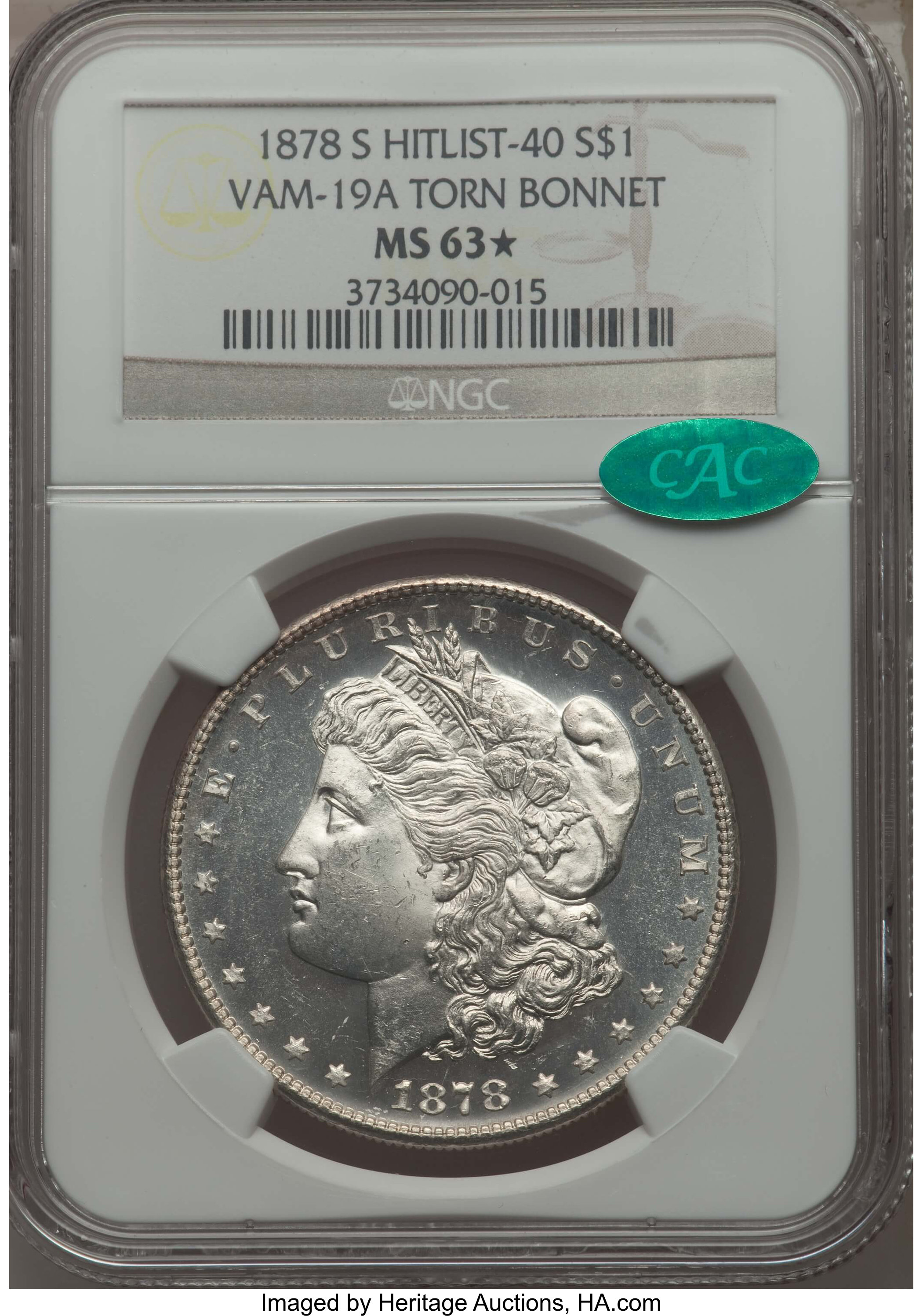 image for: 1878-S $1 Hitlist-40, Vam-19A, Torn Bonnet MS63 ★  NGC.  NGC Census: (0/0 and 0/0*). PCGS Popul...