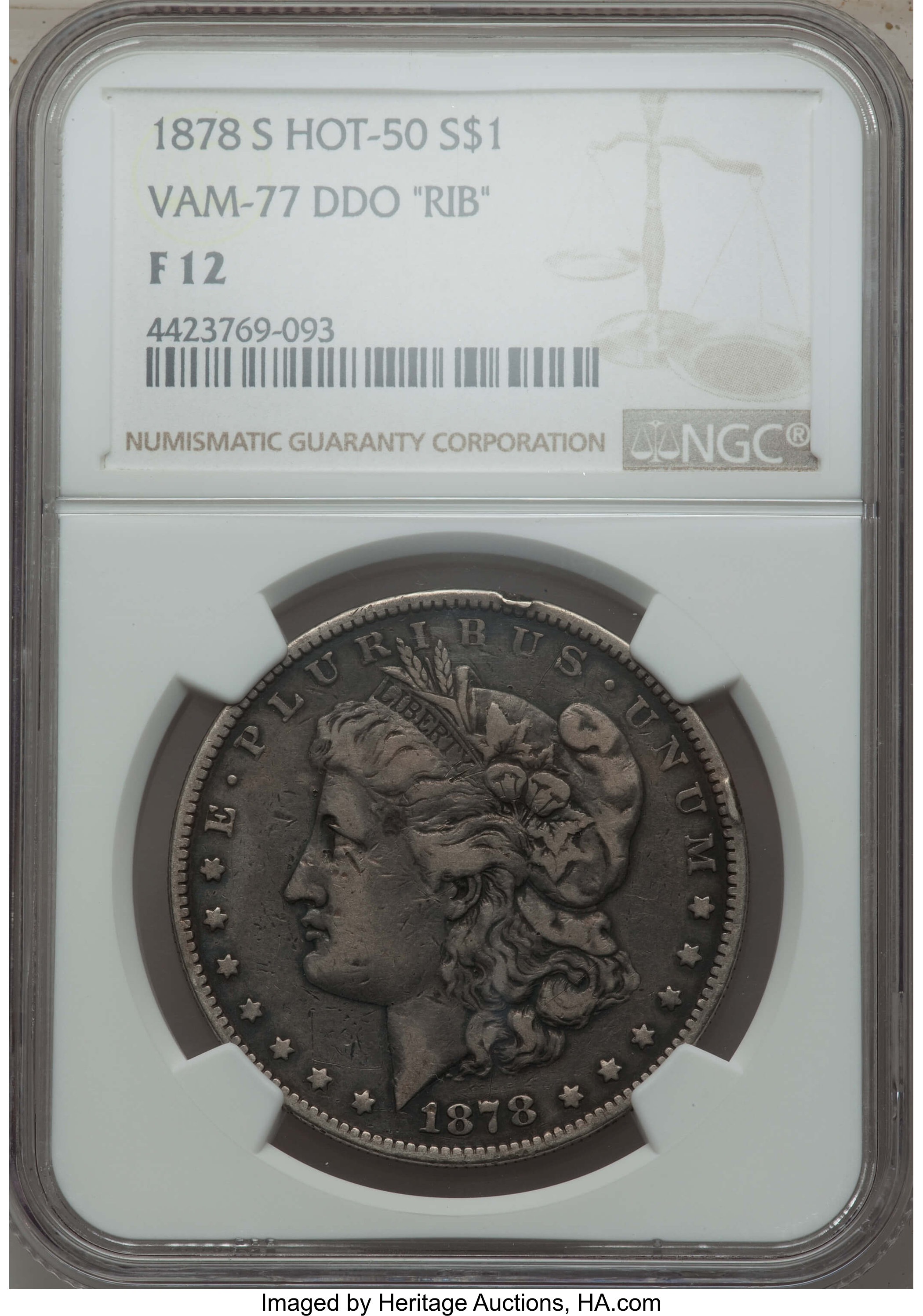image for: 1878-S $1 Doubled RIB, VAM-77, Fine 12 NGC.  HOT-50. NGC Census: (0/0). PCGS Population: (0/9). CDN: $22 Whsle. Bid for pro...