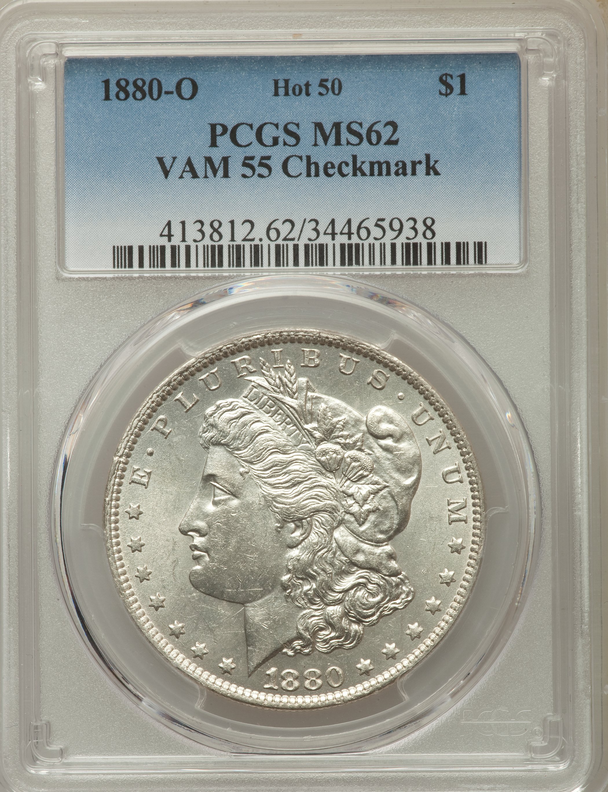 image for: 1880-O $1 Checkmark, VAM-55 MS62 PCGS. HOT-50. PCGS Population: (8/1). NGC Census: (0/0). MS62....