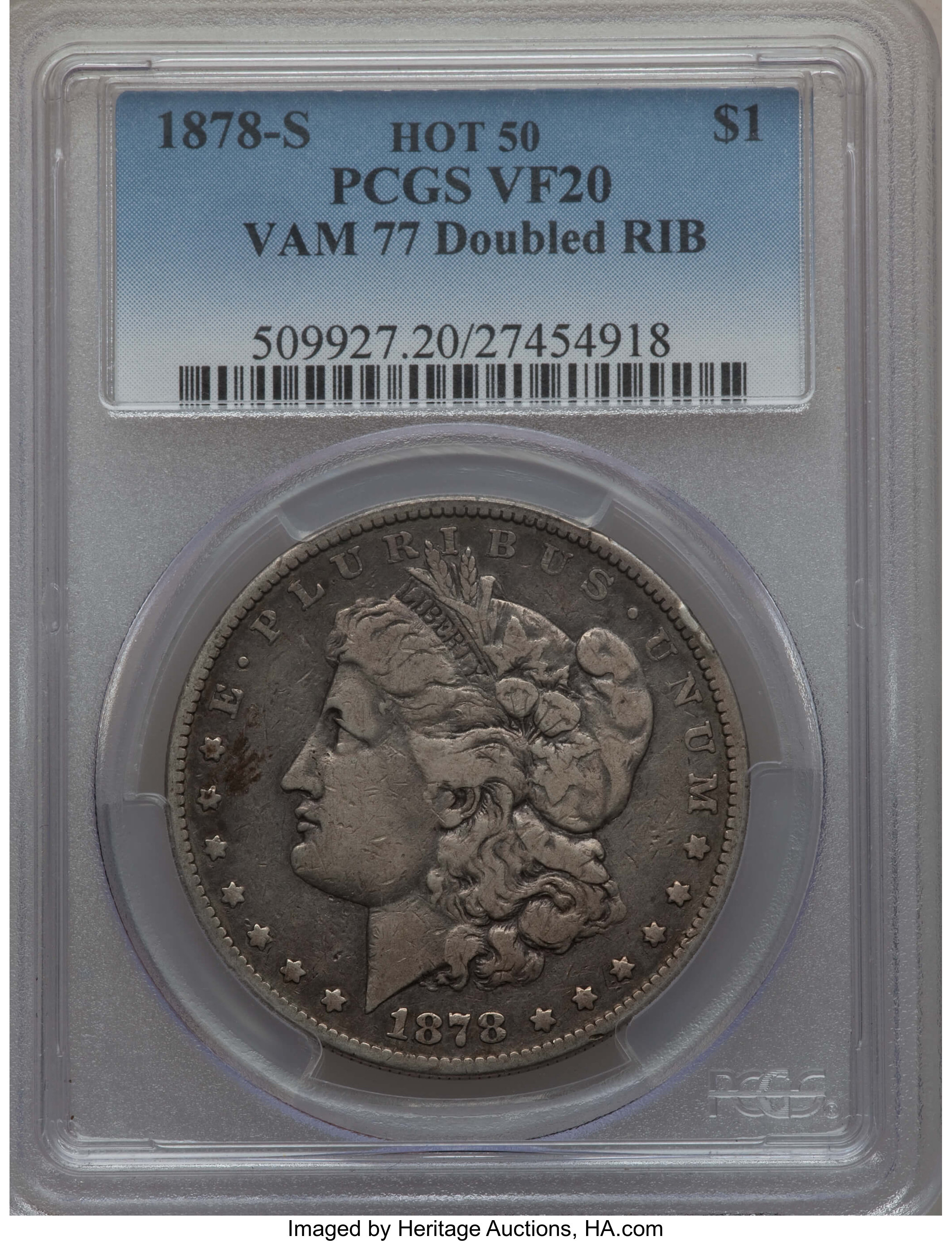 image for: 1878-S $1 Doubled RIB, VAM-77, VF20 PCGS.  HOT-50. PCGS Population: (2/6). NGC Census: (0/0). VF20. Mintage 9,774,000. ...