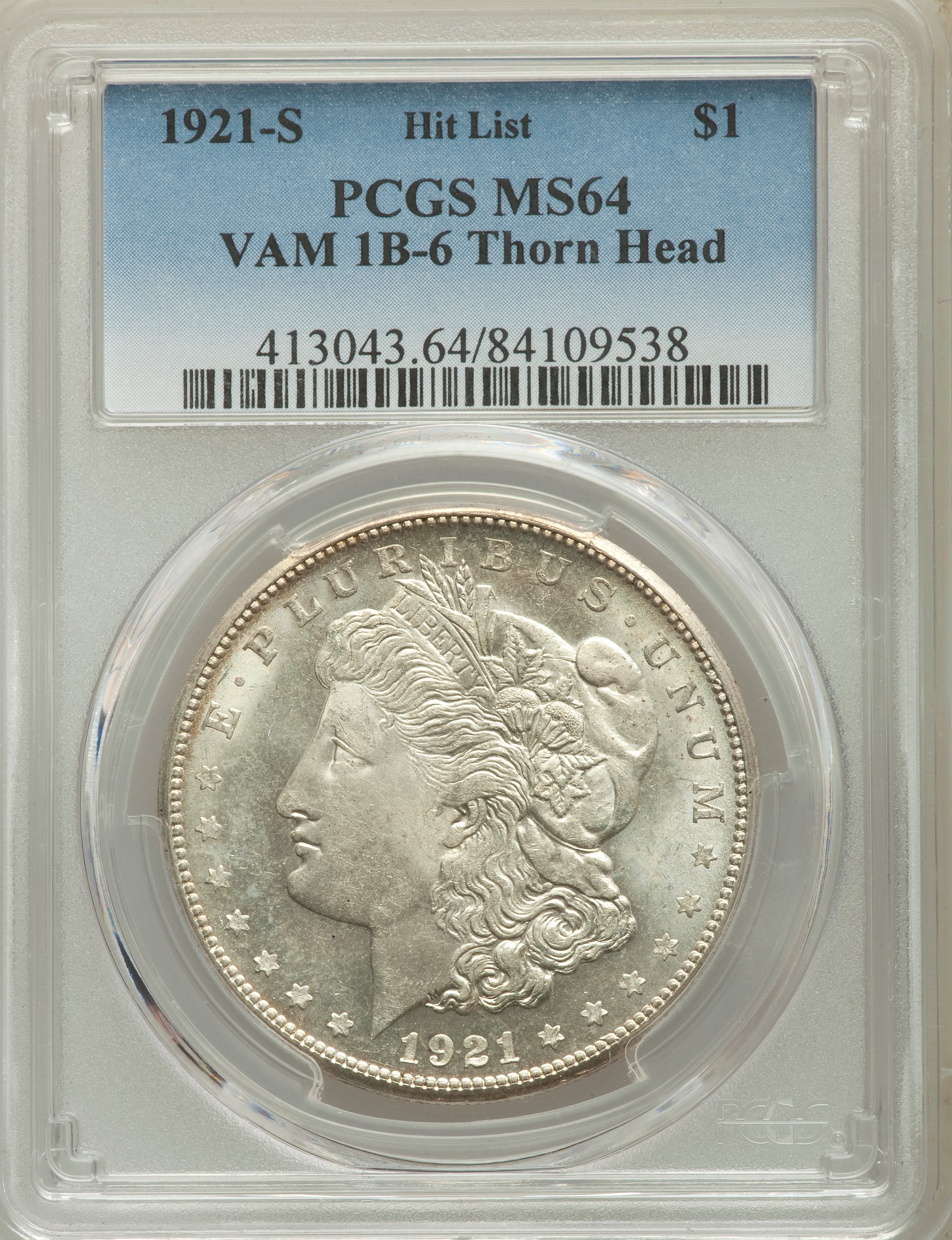 image for: 1921-S $1 Thorn Head, VAM-1B6, MS64 PCGS. Hit List. PCGS Population: (12/2). NGC Census: (0/0). MS64....
